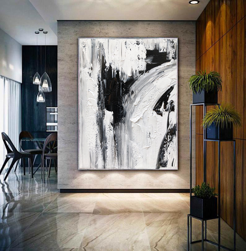 Minimalist Abstract Painting,Black And White Textured Painting, Palette Knife Wall Art #c022