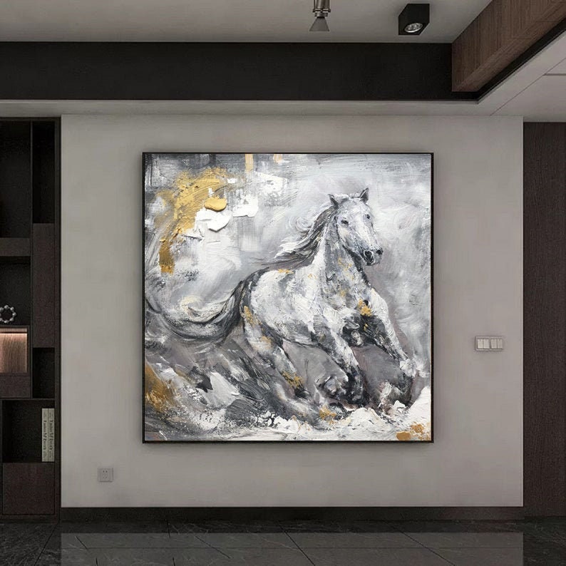 original horse artwork,running horse painting on canvas,extra large abstract art,gray gold painting,animal wall art,large canvas wall art