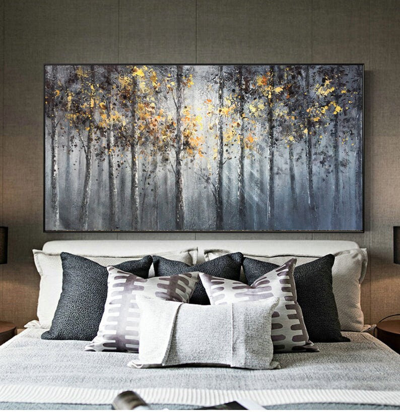 Birch tree painting,large wall artLarge original oil painting on canvas,forest,landscape,golden painting,Bedroom Living room painting,