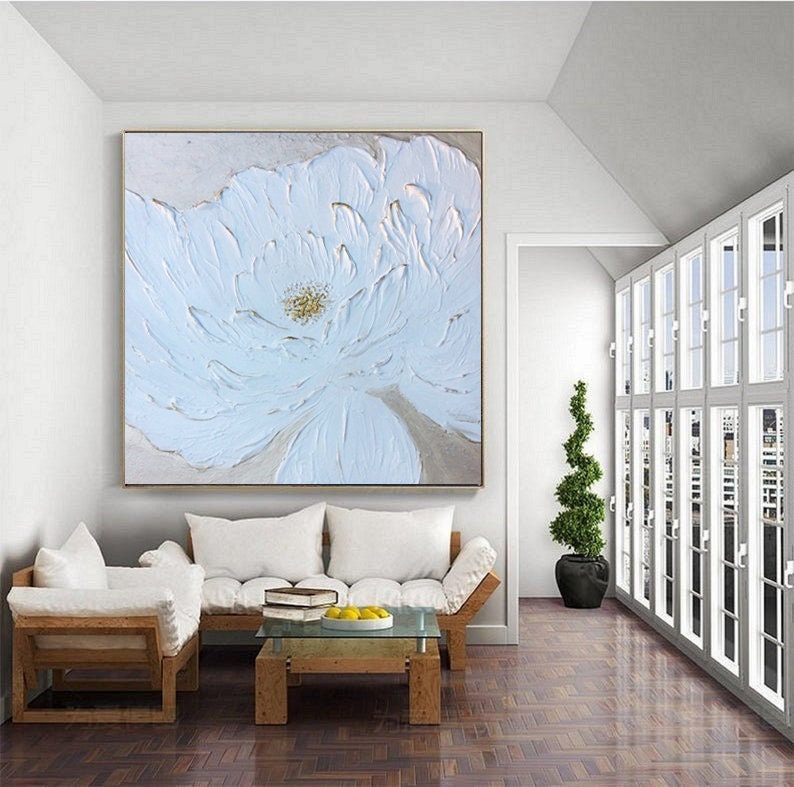 Large Floral White Painting,White 3D Textured Paintings, White Acrylic Painting, Modern abstract painting for Living Room, Minimalist Art