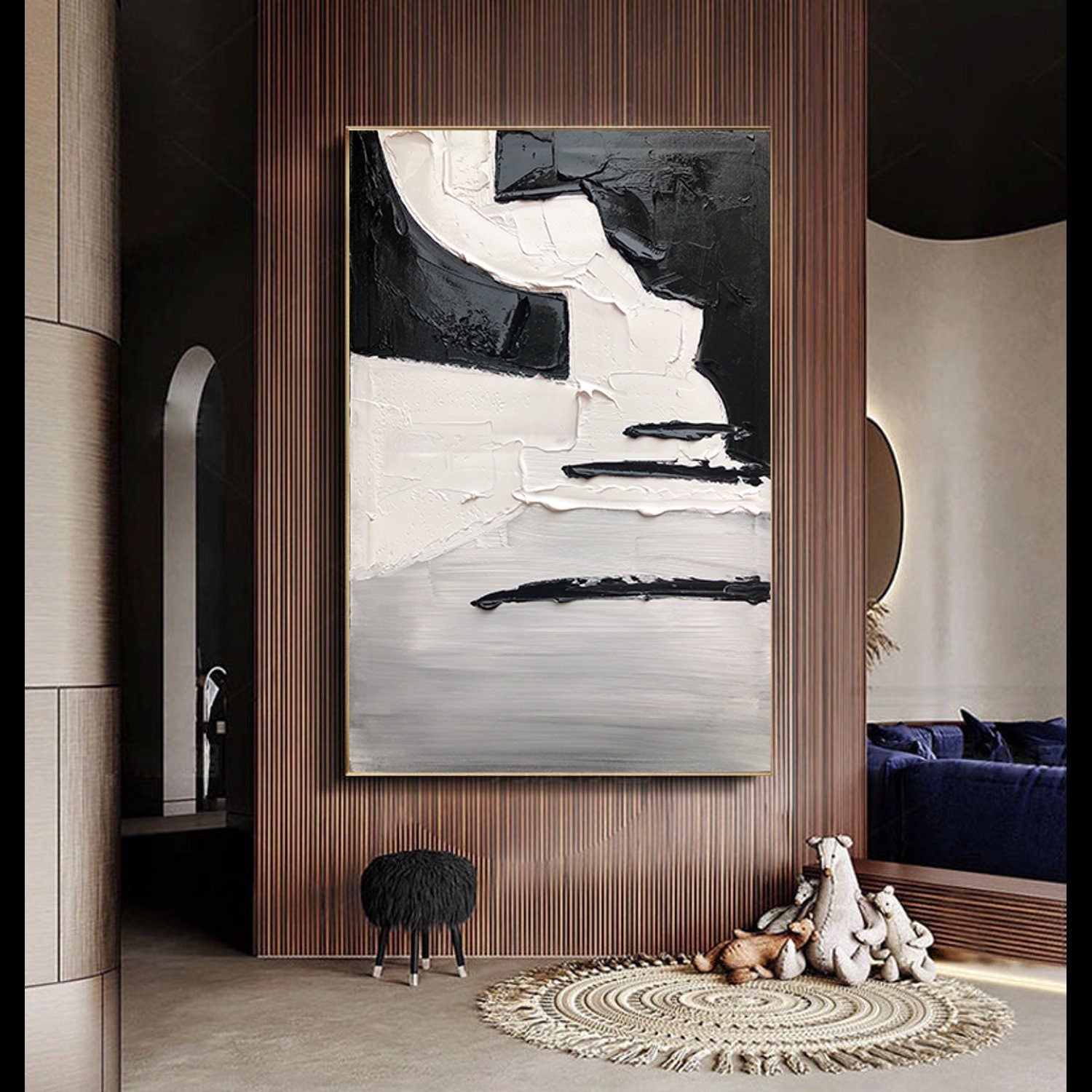 Palette Knife Wall Art,Black And White Textured Painting, Minimalist Abstract Painting,Living Room Wall Decor Black Abstract Art Canvas Art