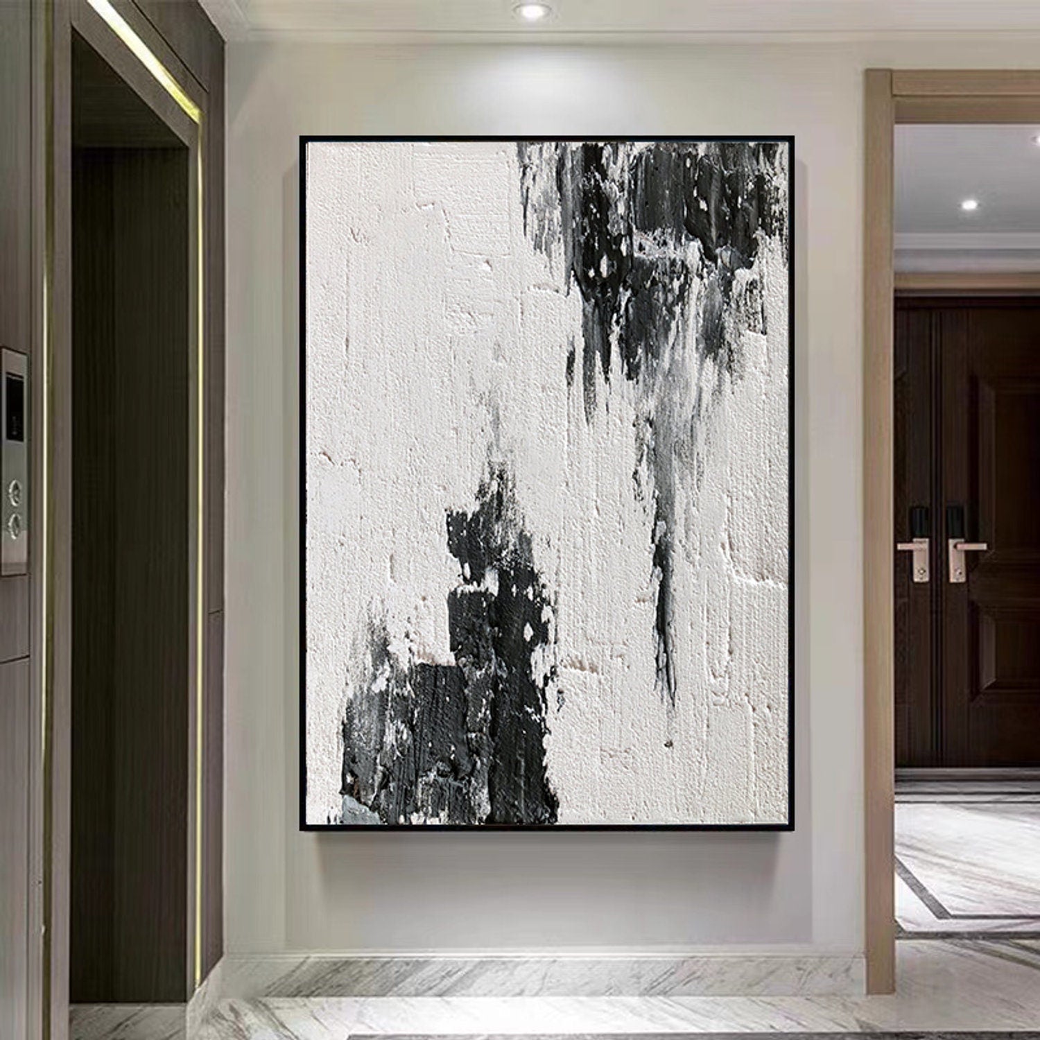 Large Abstract Wall Art Black And White Texture Painting 3D Minimalist Art White Wall Decor Black Texture Art White Minimalist Painting