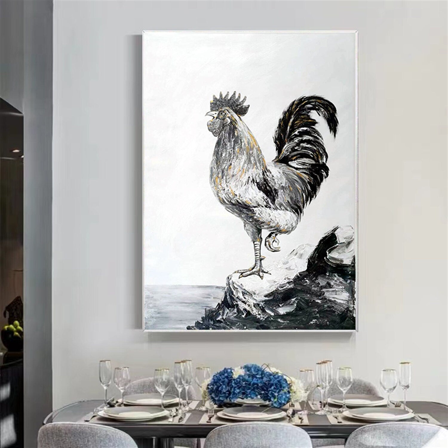Rooster Painting Hen Original Painting Chicken Artwork,Large Abstract Rooster Painting, Hand Painted Abstract Rooster Cock Painting,Fine Art