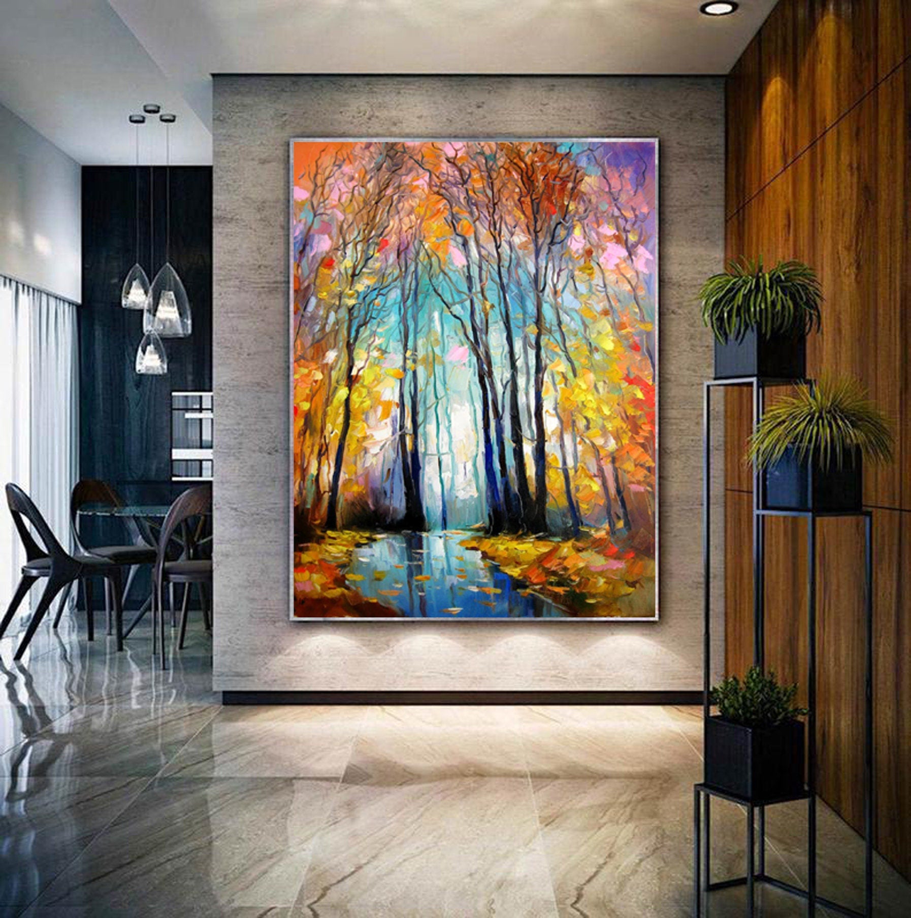 Landscape wall art,Seasonal painting,Birch tree painting,large wall art,Large original oil painting on canvas,colorful forrest painting
