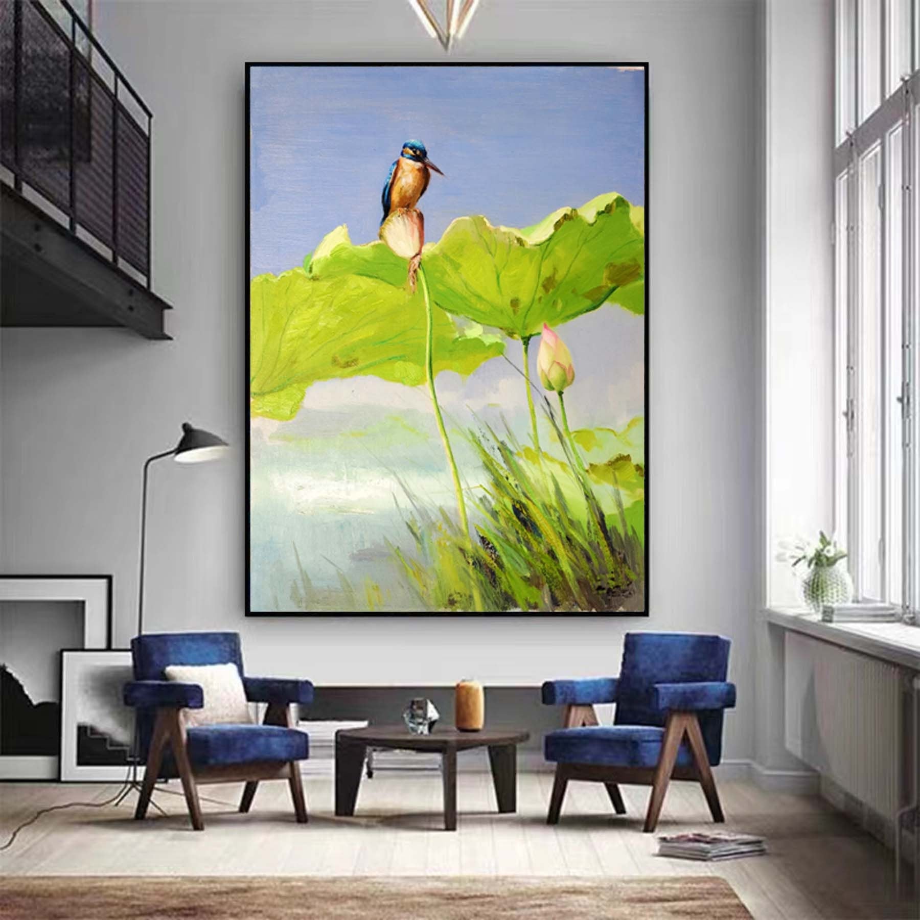 Lotus With Birdie Abstract Floral Painting Extra Large Wall Art Waterlilies Wall Art Canvas Art Original Artwork Canvas For Living Room