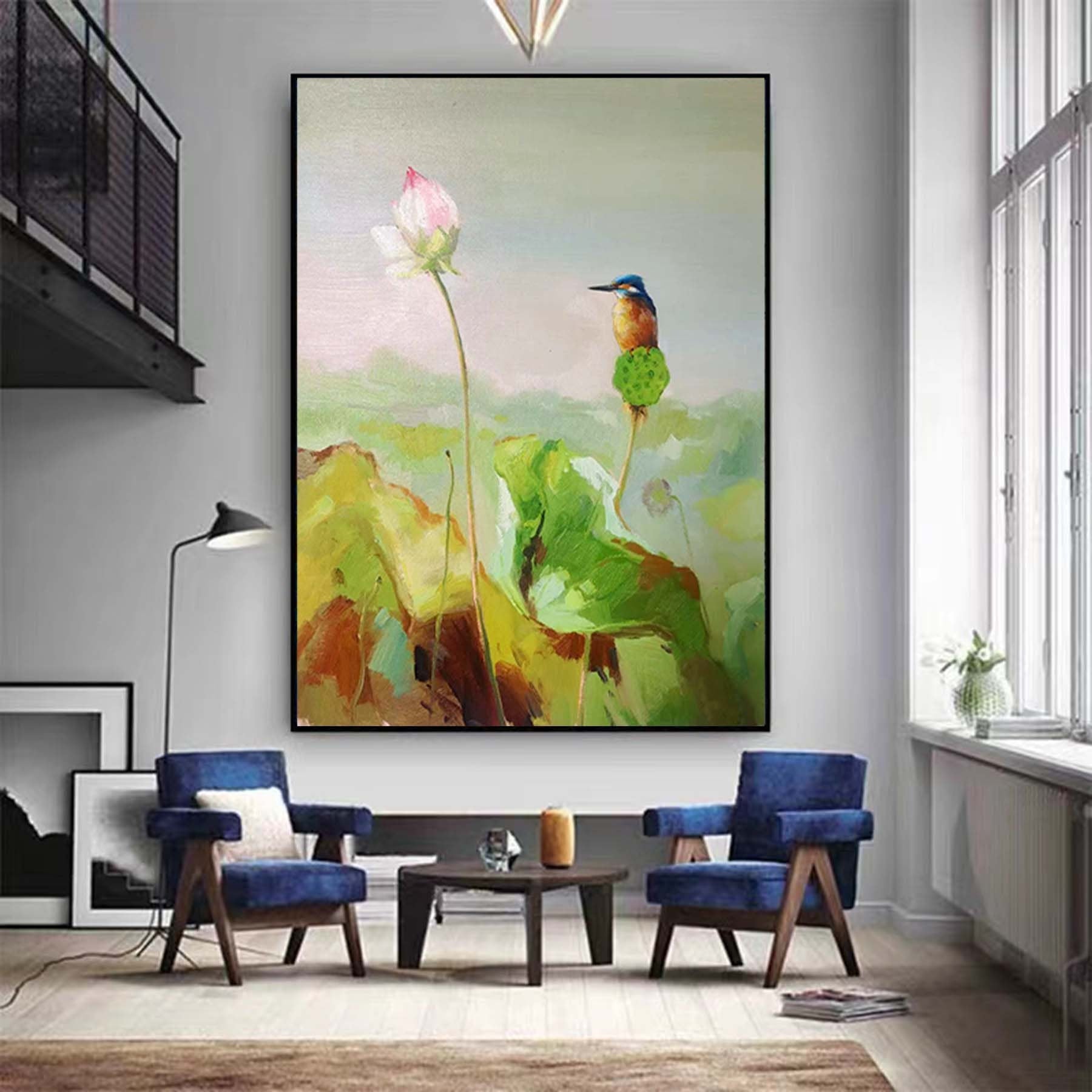 Extra Large Wall Art Lotus With Birdie Abstract Floral Painting Waterlilies Wall Art Canvas Art Original Artwork Canvas For Living Room
