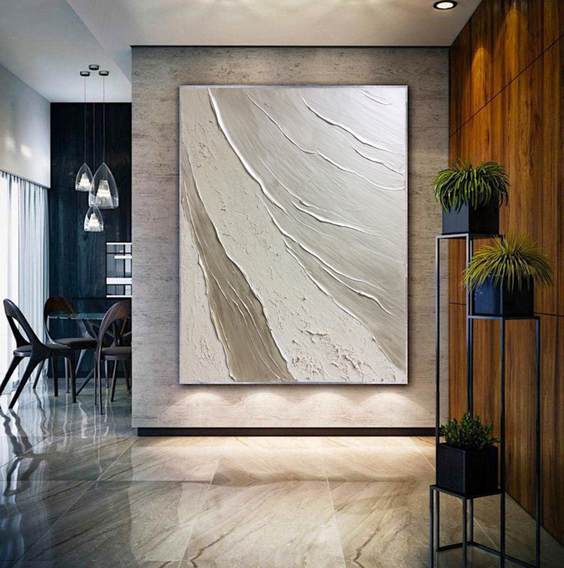 Silver White Seawaves Painting,Large White 3D Textured Paintings, Abstract White Painting, White Paintings, Minimalist Abstract Wall Art