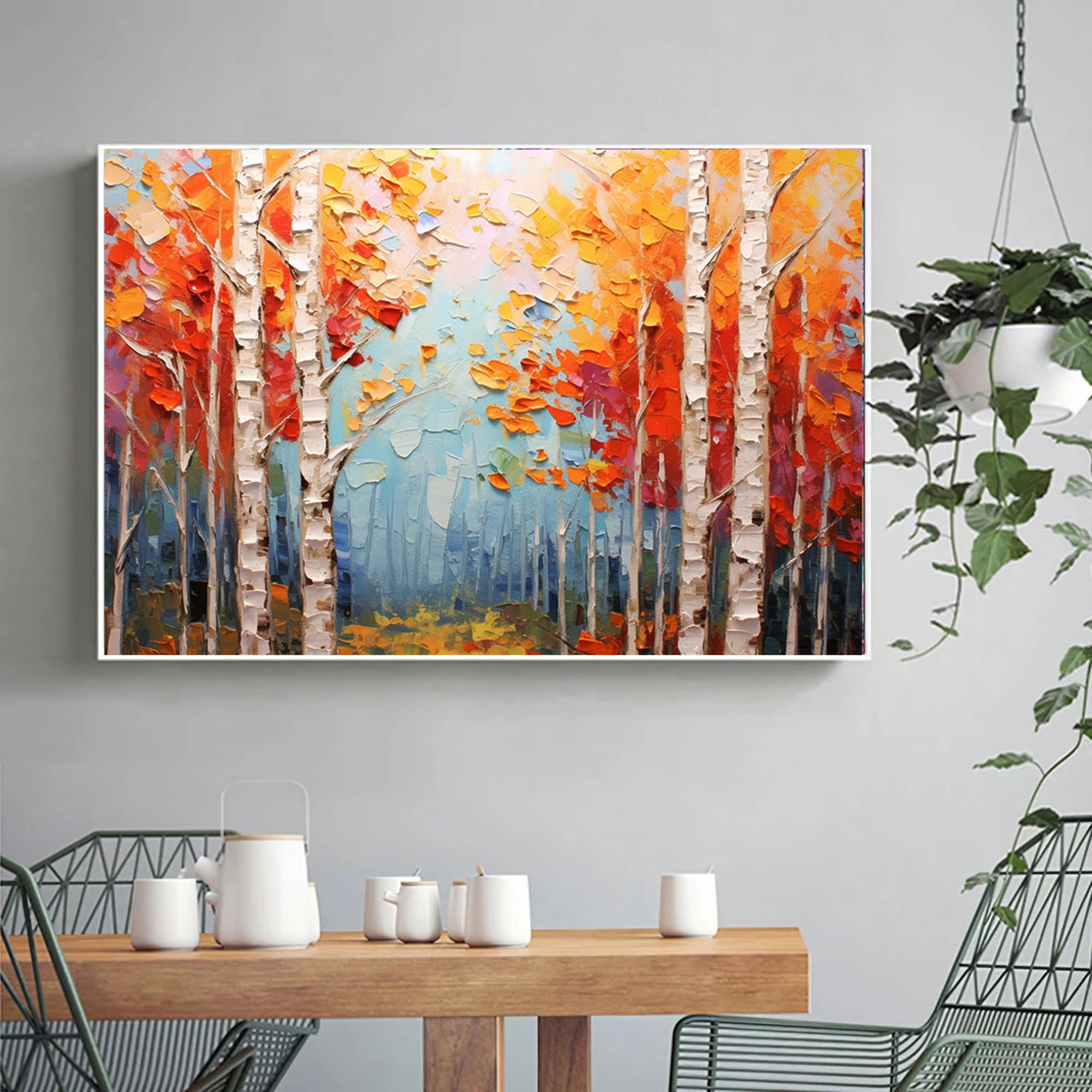 Palette knife painting,extra large autumn wall art,forrest painting,impressionism landscape,birch trees wall art,modern abstract art