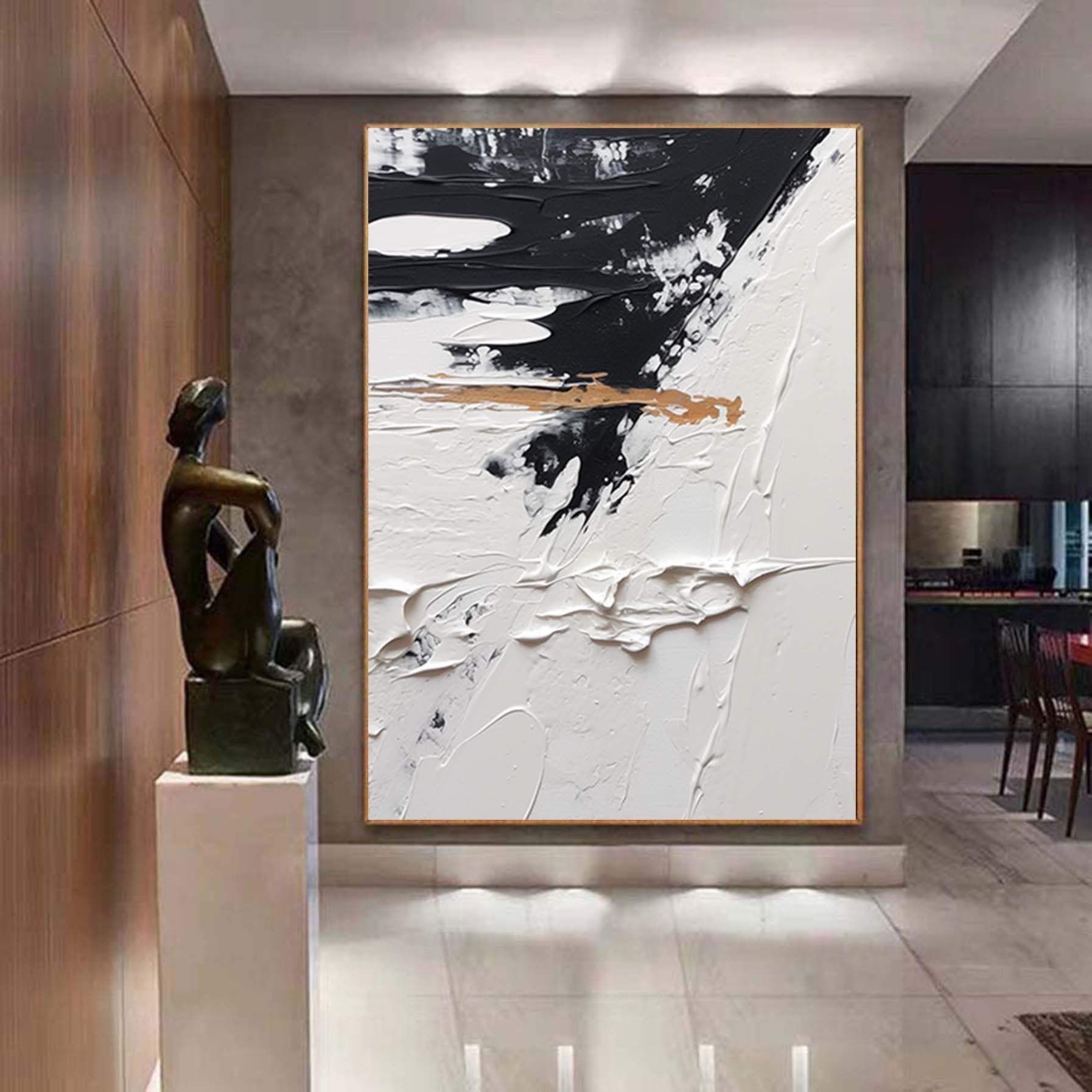Minimalist Abstract Painting,Black And White Gold Textured Painting, Palette Knife Wall Art,Living Room Wall Abstract Art White Canvas Art