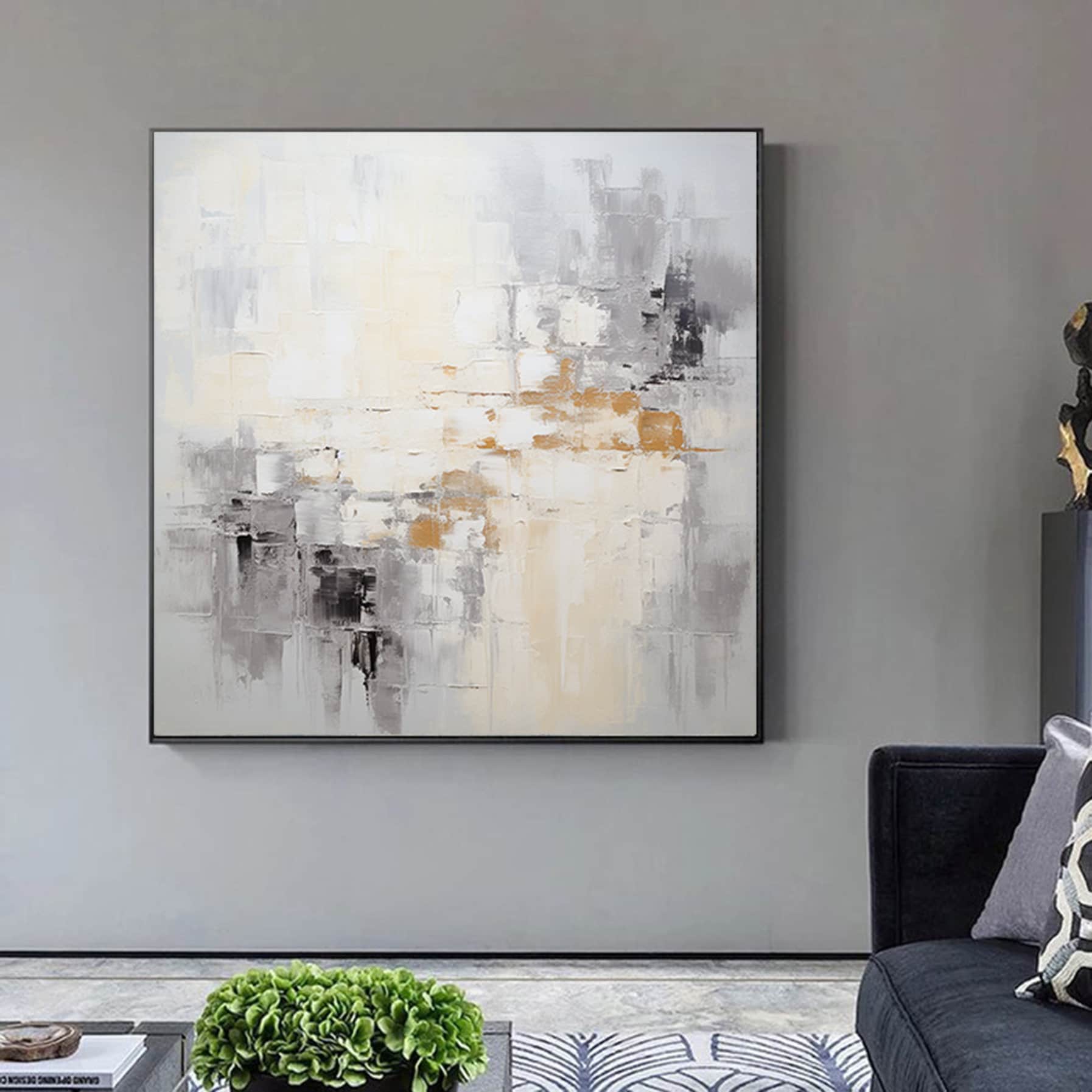 Minimalist Gray Gold Painting,textured abstract wall art,Large white gold Paintings,Modern Decorative Paintings,Impressionism Abstract