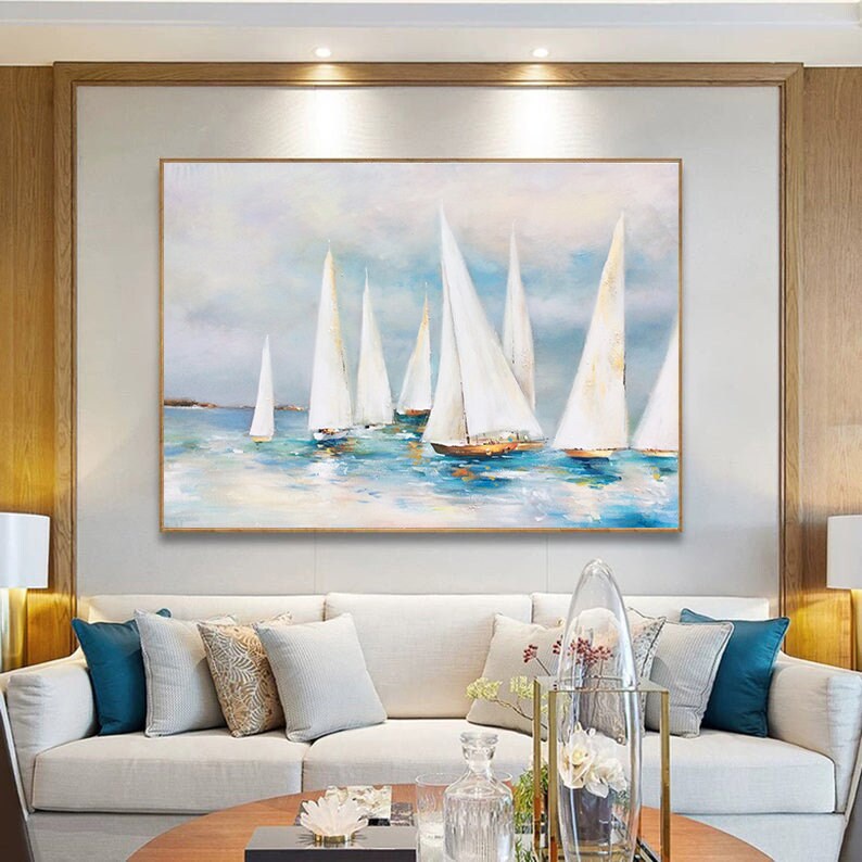 Large sailboat party oil painting, Original Sailboats gather in the harbor landscape to paint Artwork, Nautical oil painting art on Canvas