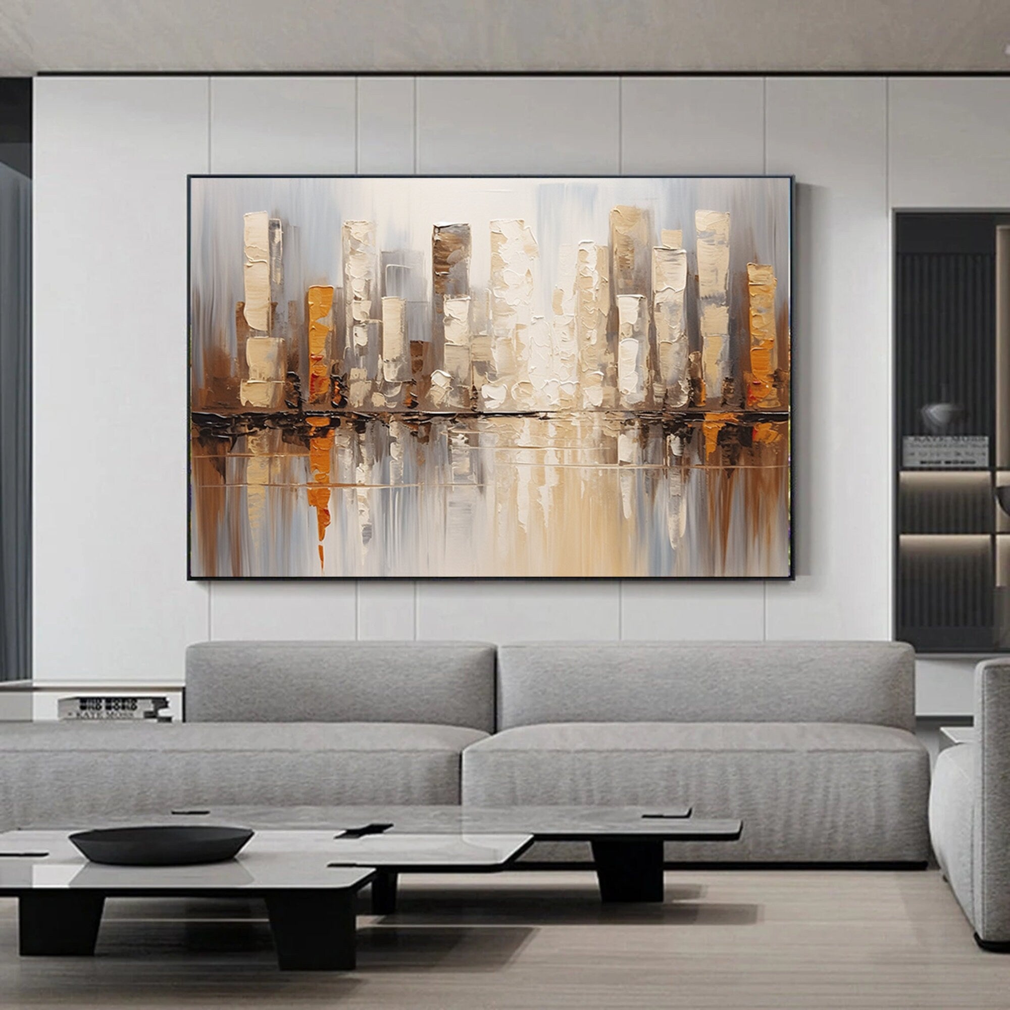 Modern Abstract Cityscape Painting,Palette Knife Wall Art,Textured Painting,Building Wall Art,Living Room Wall Abstract Art White Canvas Art