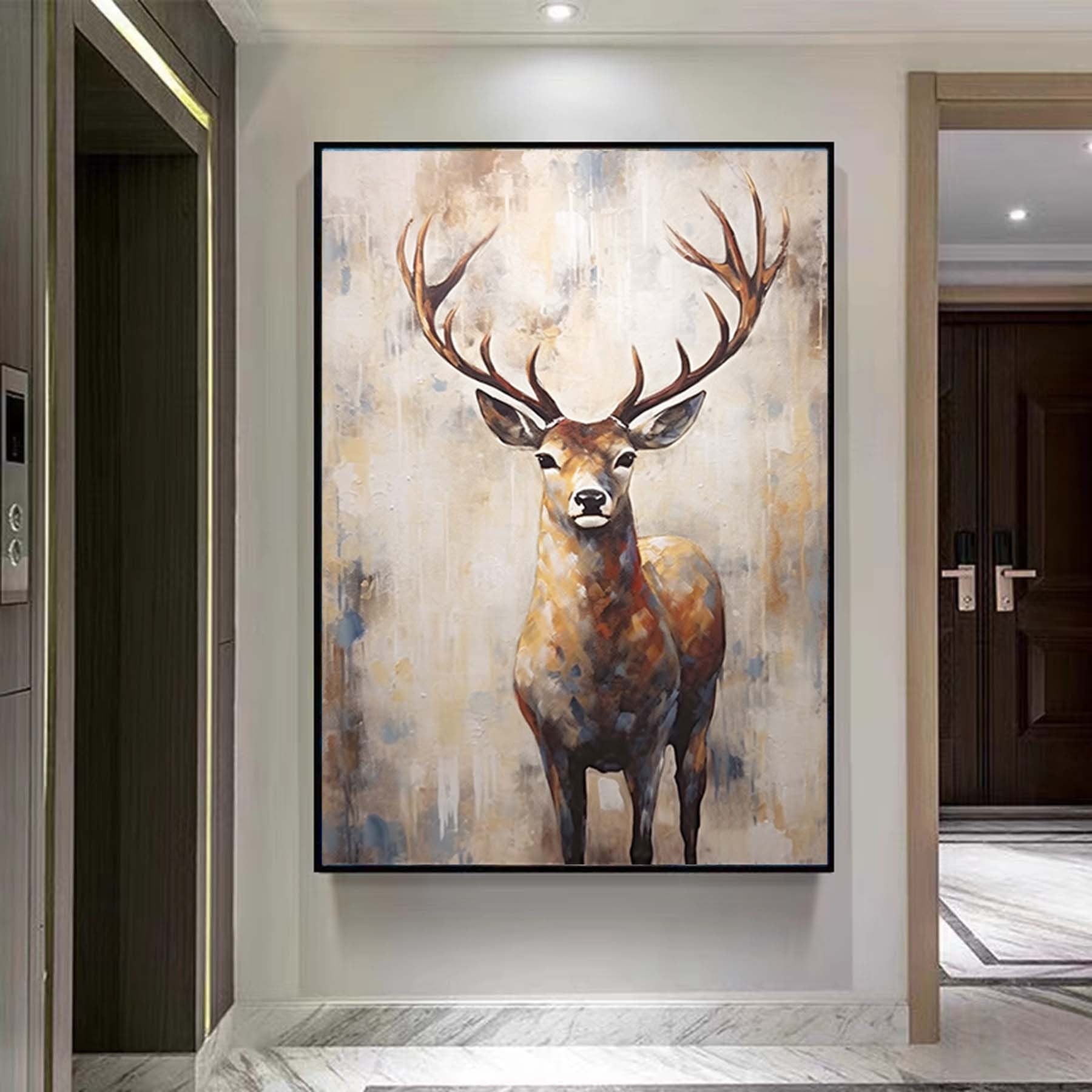 Large Deer Abstract Painting,Gray Beige Textured Animal Painting,Modern Oversized Animal Wall Art,Living Room Wall Abstract Art Canvas Art