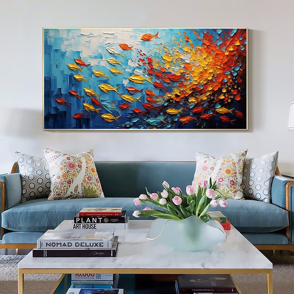 Abstract Fish Painting,Extra Large Wall Art,Large Palette Knife Textured Paintings, Abstract AcrylicPainting, Minimalist Wall Art for Home