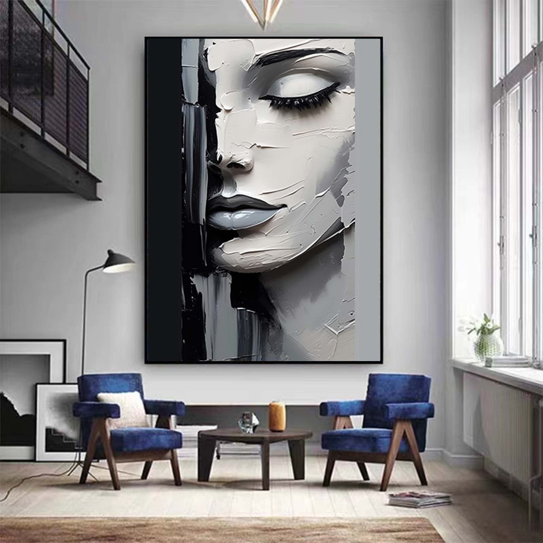 Sleeping Beauty Wall Art,Abstract Face Painting,Black and White Textured Painting, Palette Knife Wall Art,Living Room Wall Decor Art