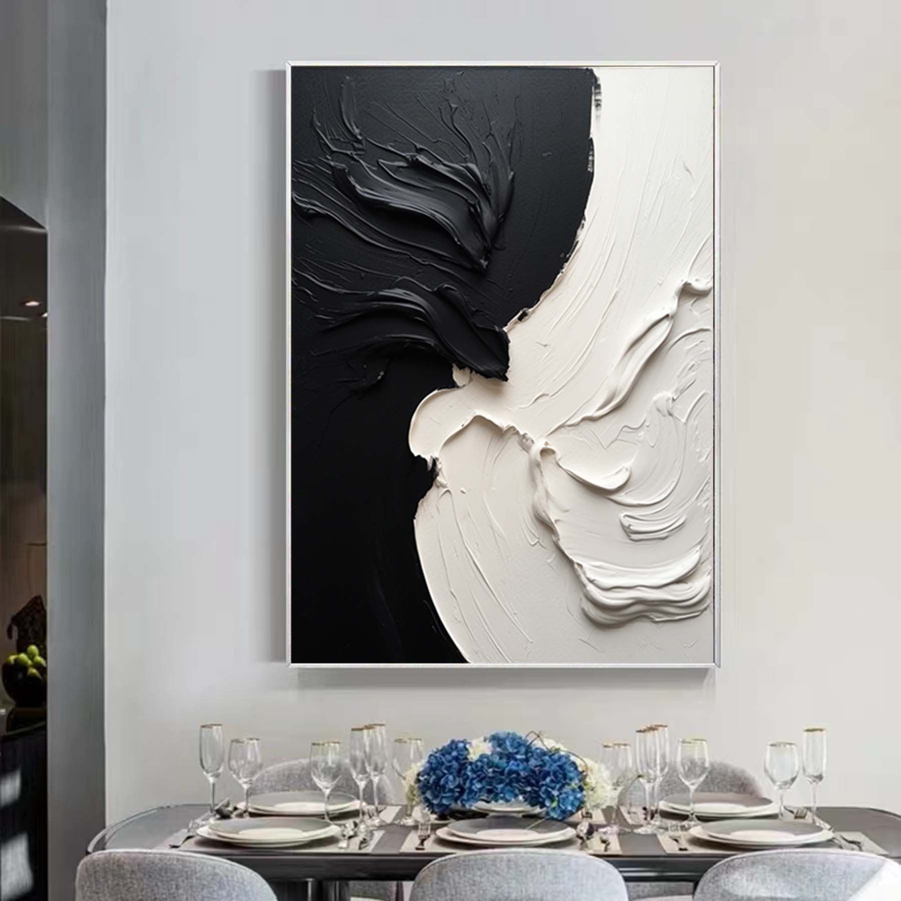 Abstract Floral wall art,minimalist extra wall art,Palette knife black and white art,Original Oil painting ,ovesized decorative painting