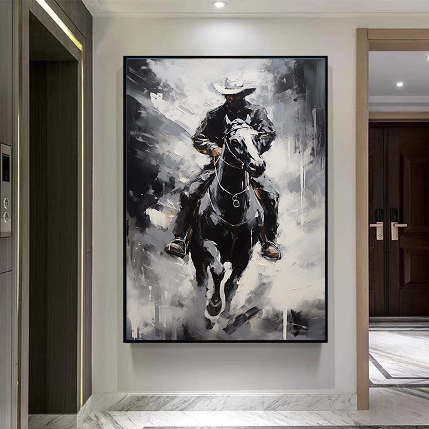 Cowboy Wall Art,Abstract Figurative Cowboy Painting,Black and White Textured Painting, Palette Knife Wall Art,Living Room Wall Decor Art