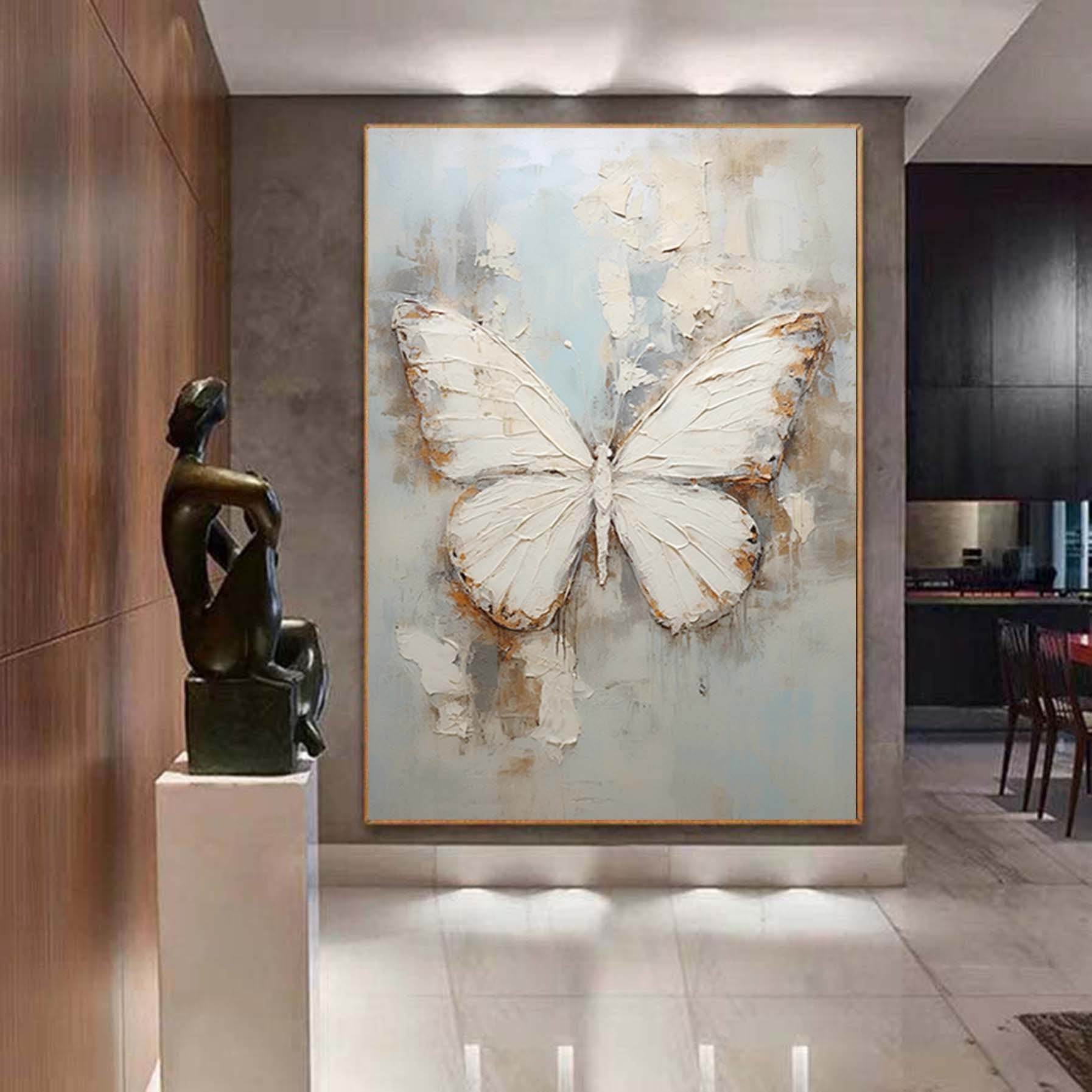 Butterfly Abstract Painting,Textured Wall Art,Minimalist Abstract Painting,Living Room Wall Decor Gray Gold Abstract Art White Canvas Art