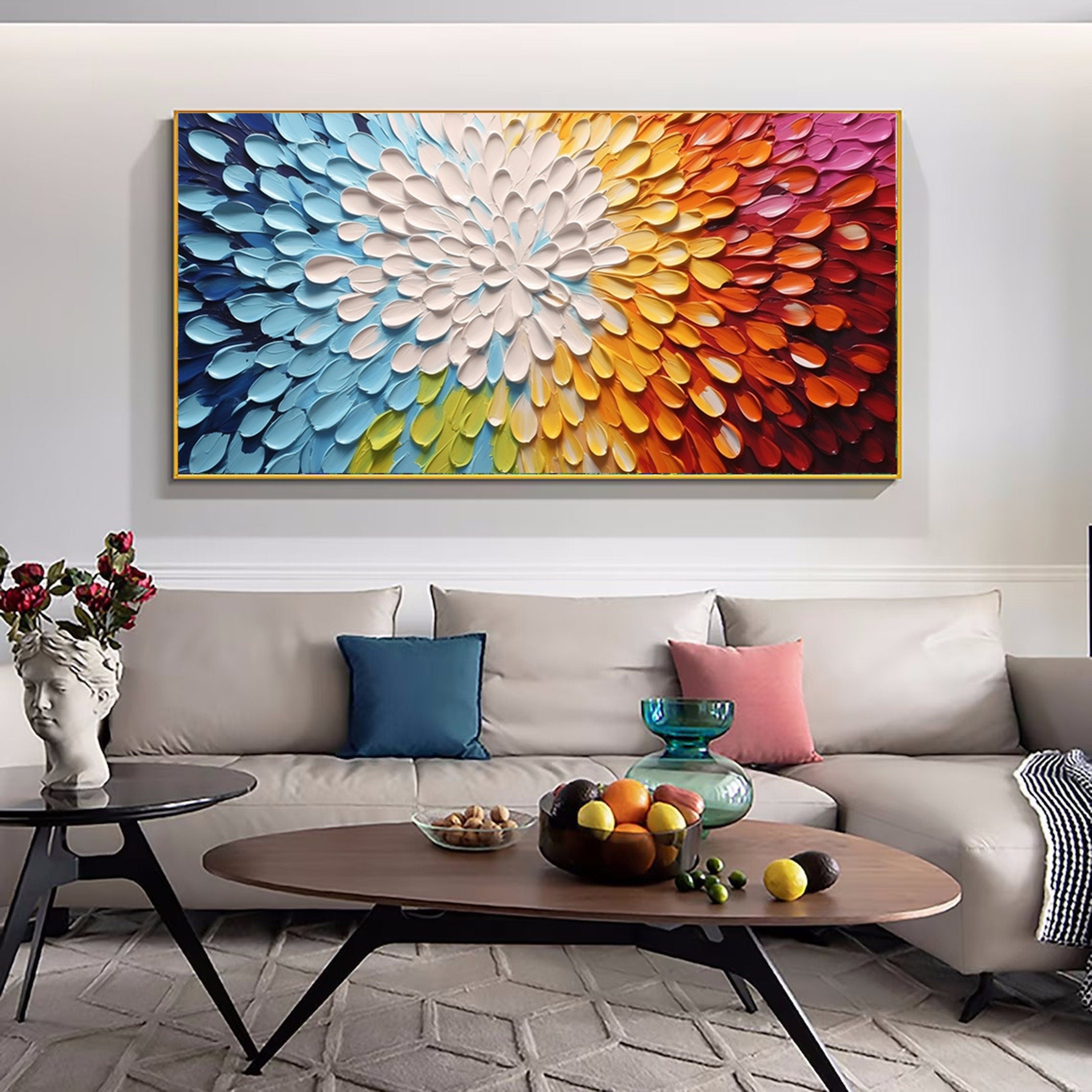 Hand Painted Thick Texture Petal Knife Painting 3D Colorful Abstract Canvas Wall Art Contemporary Home Decor Customized Sofa Artwork