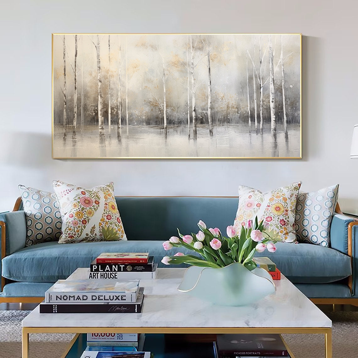 Birch tree painting,large winter forrest wall art,original oil painting on canvas,landscape,gold gray painting,Bedroom Living room painting