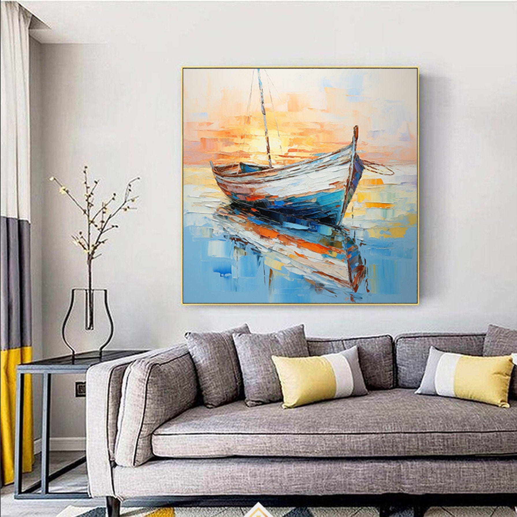 Palette knife boat oil painting, Original Sailboats gather in the harbor seascape to paint Artwork, Nautical oil painting art on Canvas