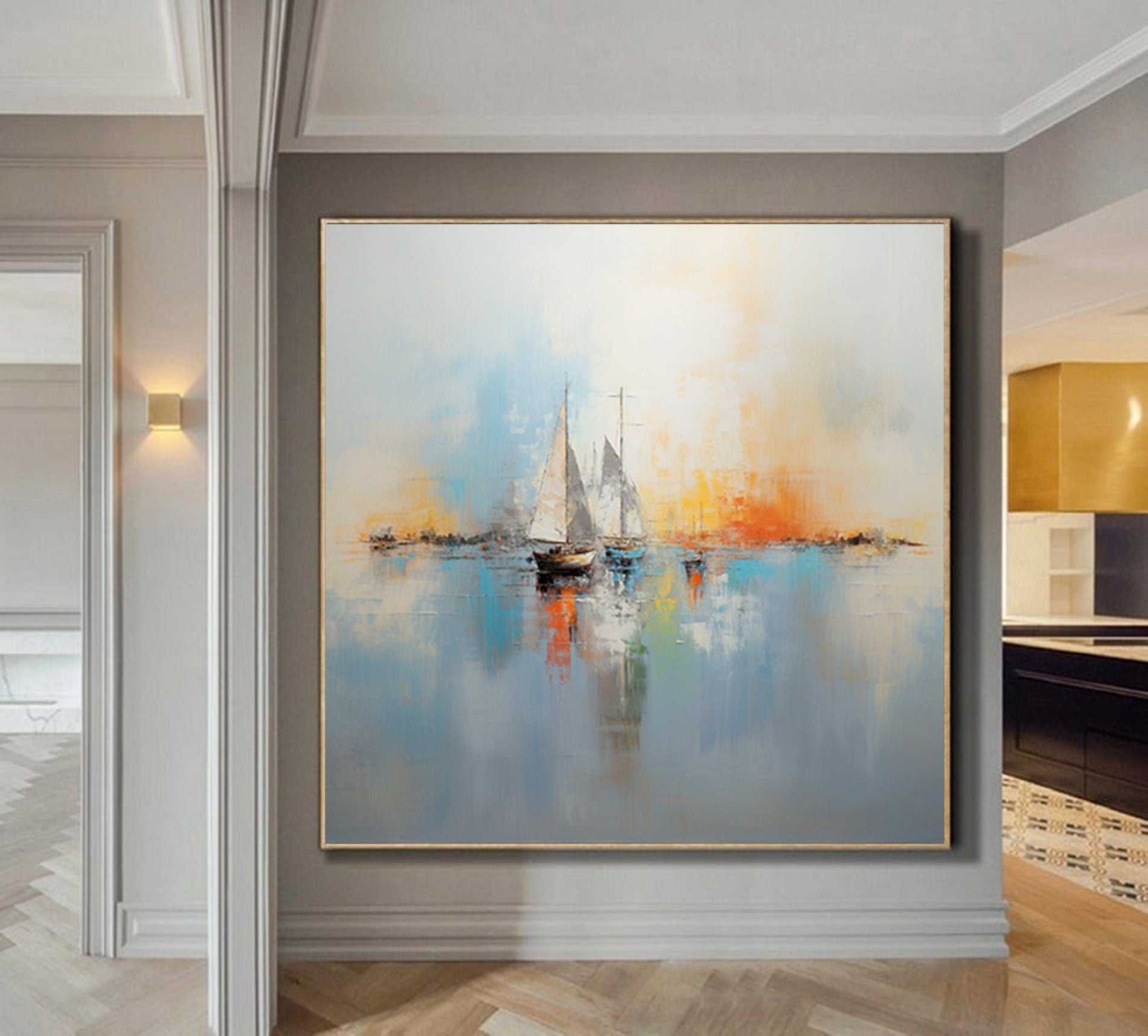 Large sailboat party oil painting, Abstract Sailboats Seascape Artwork,Extra large modern wall art,Nautical oil painting art on Canvas