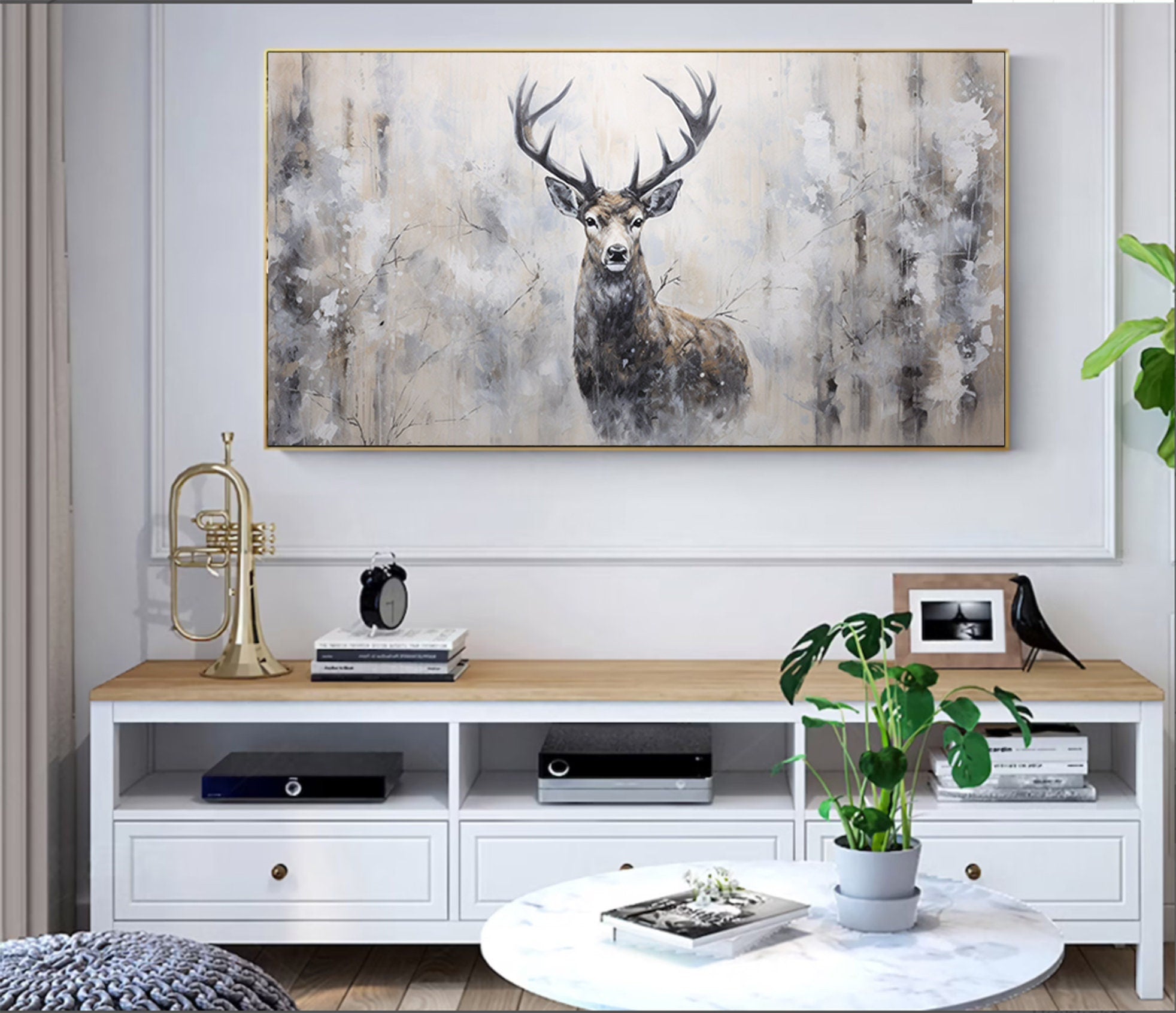 Large Deer Abstract Painting,Gray Gold Textured Painting, Oversized Animal Wall Art,Living Room Wall Abstract Art Canvas Art
