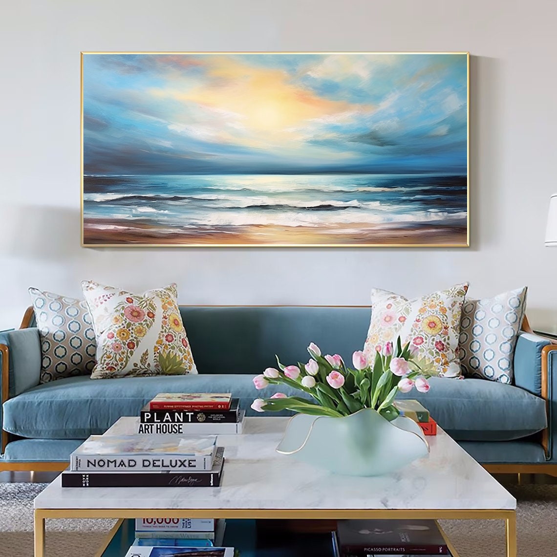 Abstract Minimalist Ocean Painting on Canvas Textured Wall Art Seawaves Art Wabi-Sabi Wall Art Living Room Painting Fashion Room Decor