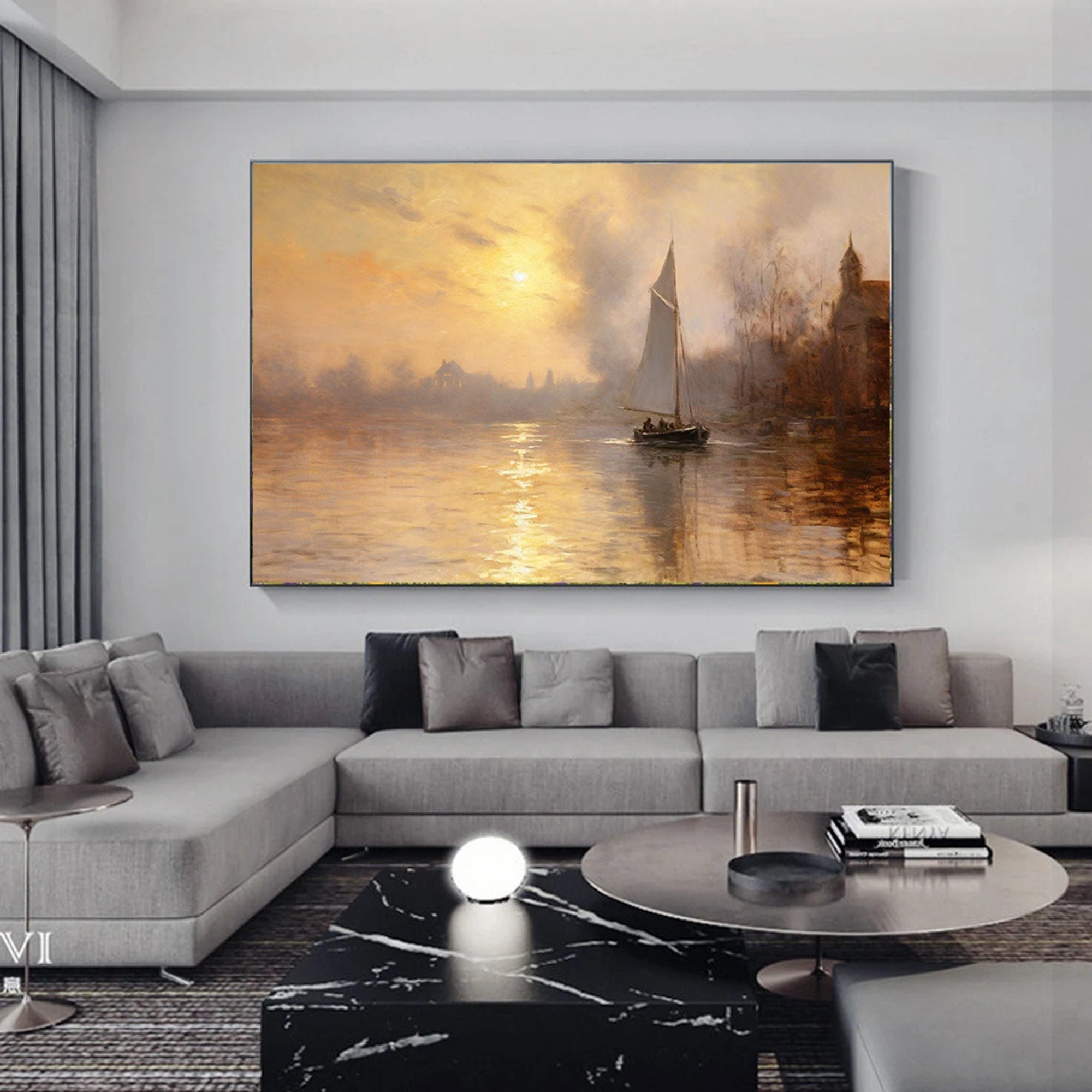 Large sailboat oil painting,Abstract Port Morning Sunraise Wall Art,Original landscape to paint Artwork,Nautical oil painting art on Canvas