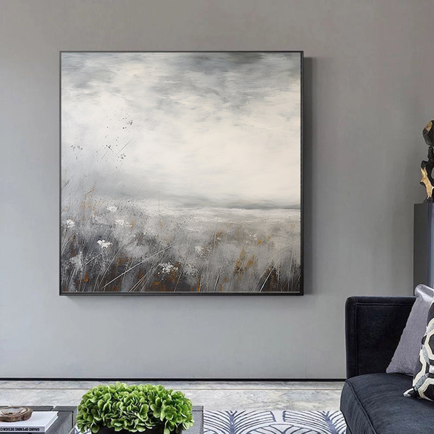 Minimalist Landscape Painting,textured abstract wall art,Large gray gold Paintings,Modern Decorative Paintings,Impressionism Abstract