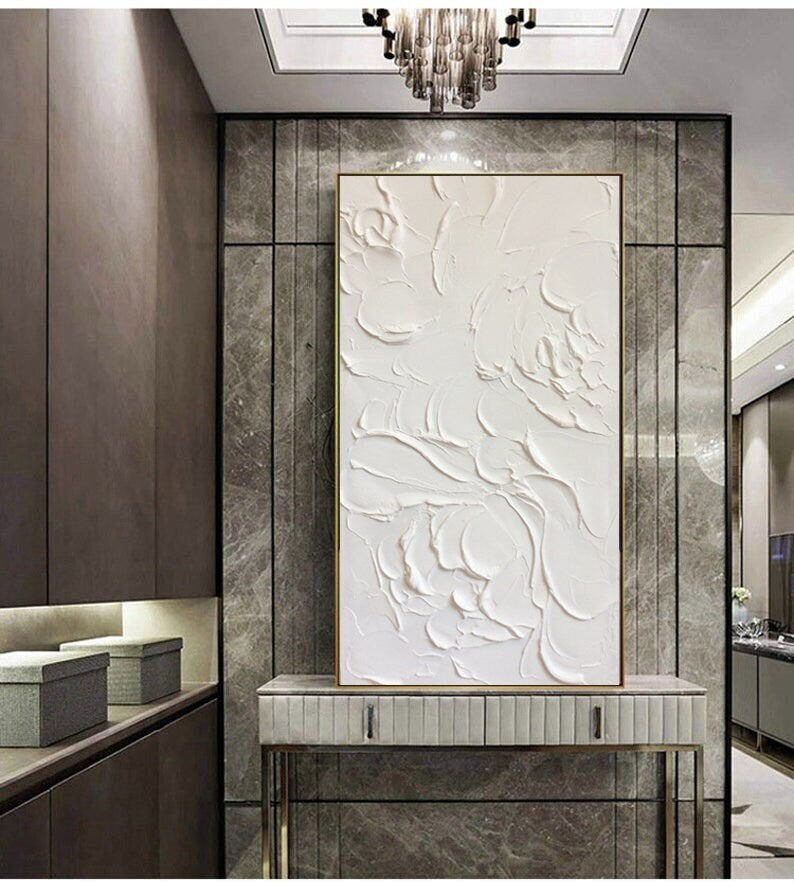Large Abstract White Painting, White Floral Paintings, White 3D Textured Painting, Modern abstract painting for Living Room, Minimalist Art