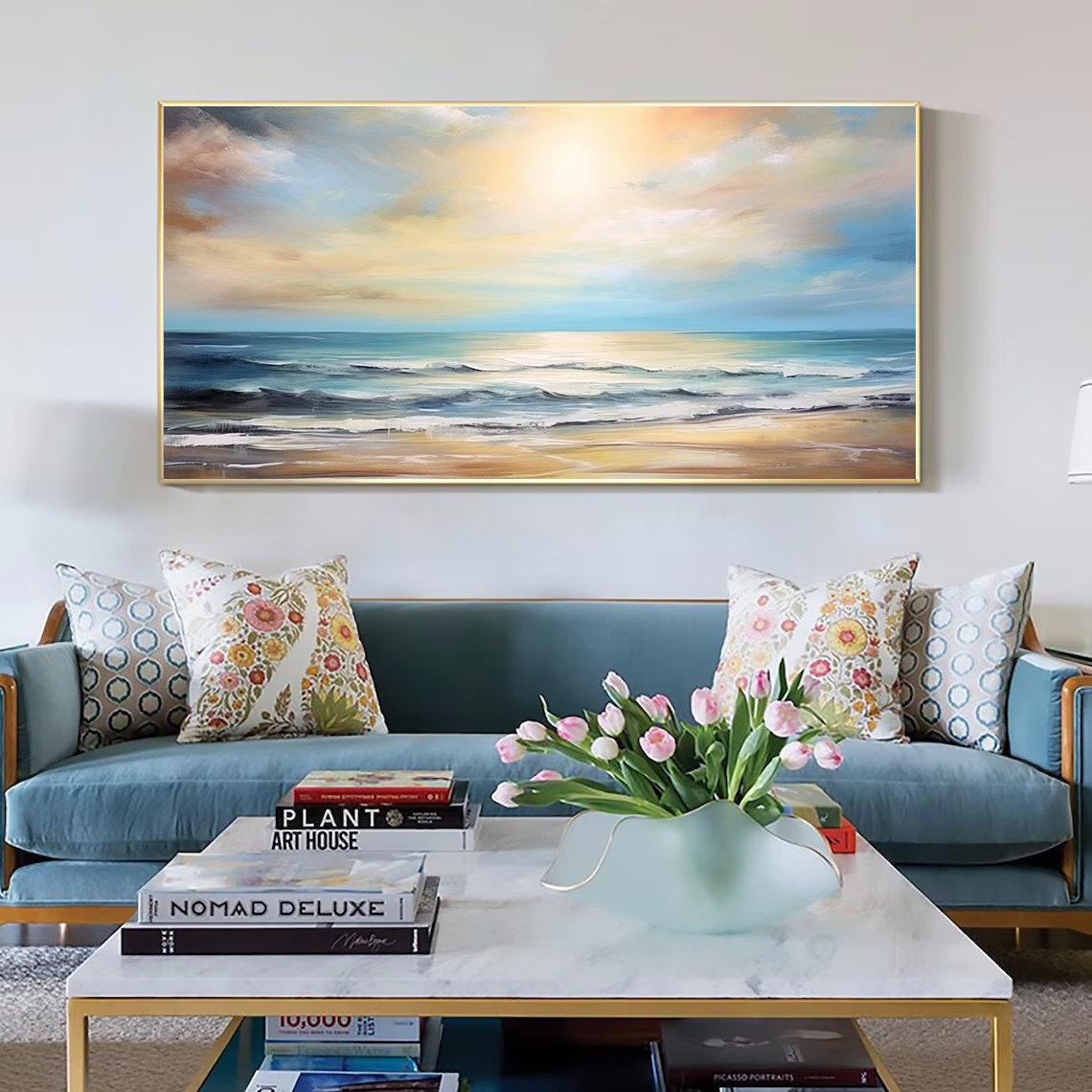 Abstract Minimalist Ocean Painting on Canvas Textured Wall Art Seawaves Art Wabi-Sabi Wall Art Living Room Painting Fashion Room Decor