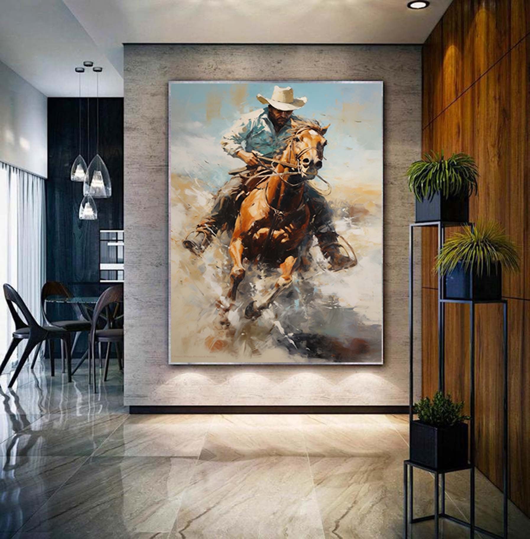 Western Cowboy Wall Art,Abstract Figurative Cowboy Painting,Textured Impressionism Painting,Decorative Wall Art,Living Room Wall Decor Art