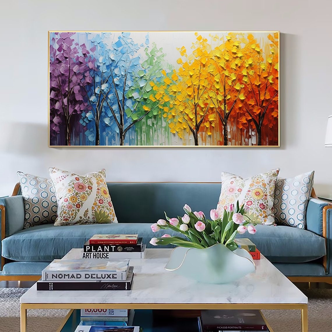 Colorful trees landscape painting,large forrest wall art,Large original oil painting on canvas,autumn season painting,Living room painting