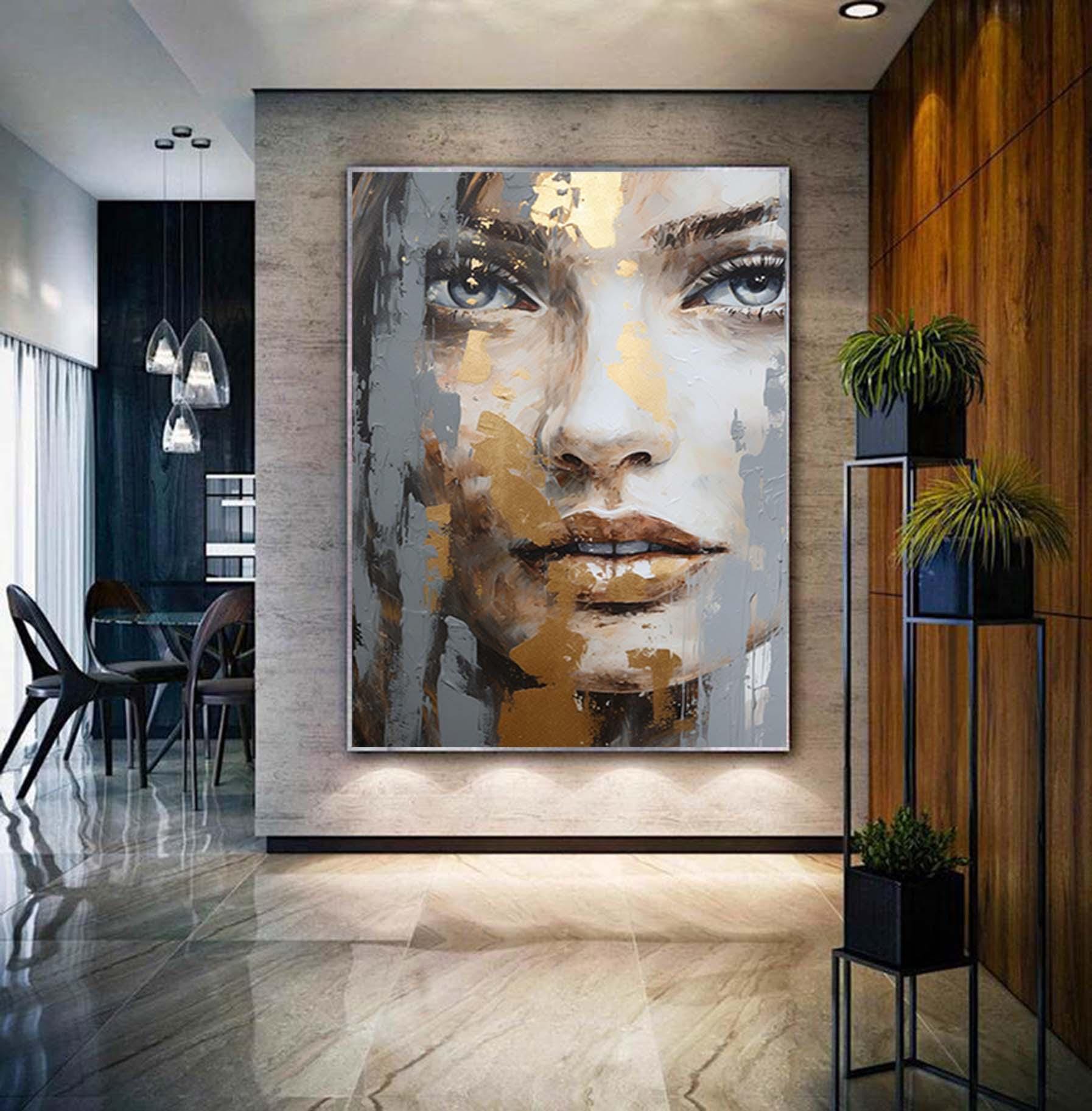 Modern Gray and Gold Wall Art,Abstract Woman Face Painting,Palette Knife Textured Painting,Decorative Wall Art,Living Room Wall Decor Art