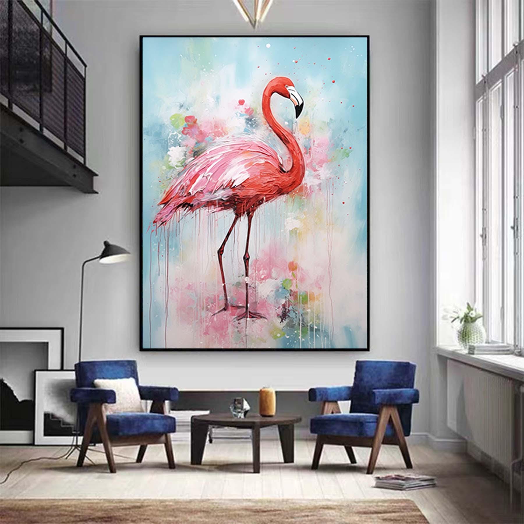 Large Abstract Flamingo Painting,Waterbird Textured Painting, Oversized Animal Wall Art,Living Room Wall Abstract Art Modern Canvas Art