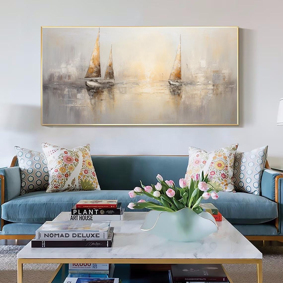 Abstract Gray Gold Sailboats Painting,Extra Large Wall Art,Large Textured Paintings, Abstract Acrylic Painting, Minimalist Wall Art for Home