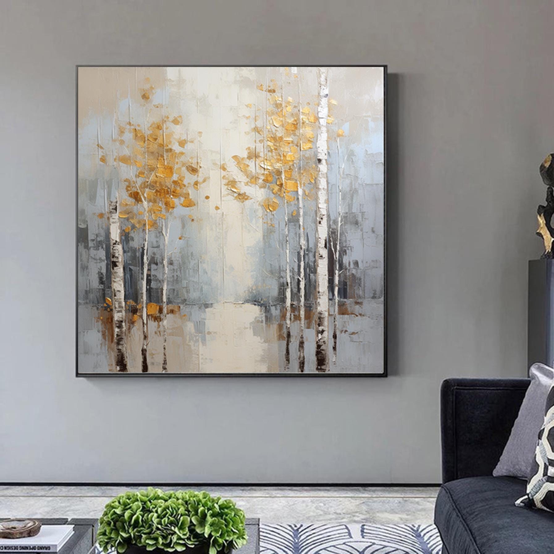 Abstract Forrest Landscape Painting,Gray Gold Birch Trees wall art,Extra Large Textured Painting,Decorative Paintings,Original Wall Art