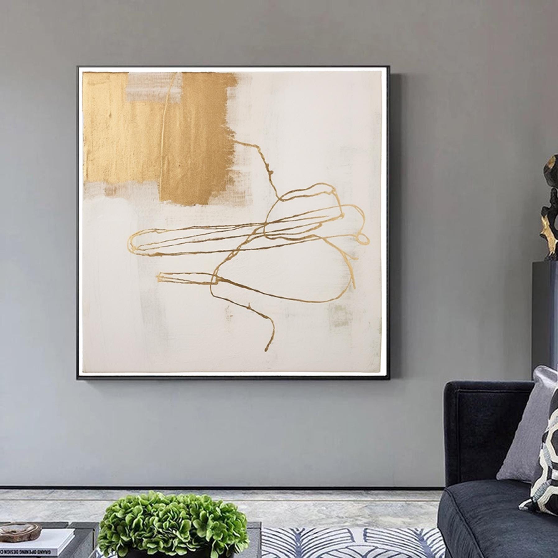 Extra Large Minimalist Modern Painting,Gold Line Foil Decorative Wall Art,Oversized Abstract Large Painting,textured abstract painting