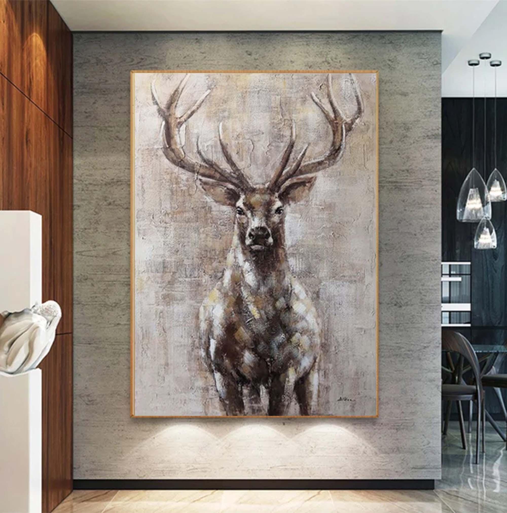 Special offer!!Large Deer Abstract Painting,Gray Brown Textured Painting, Oversized Animal Wall Art,Living Room Wall Abstract Art