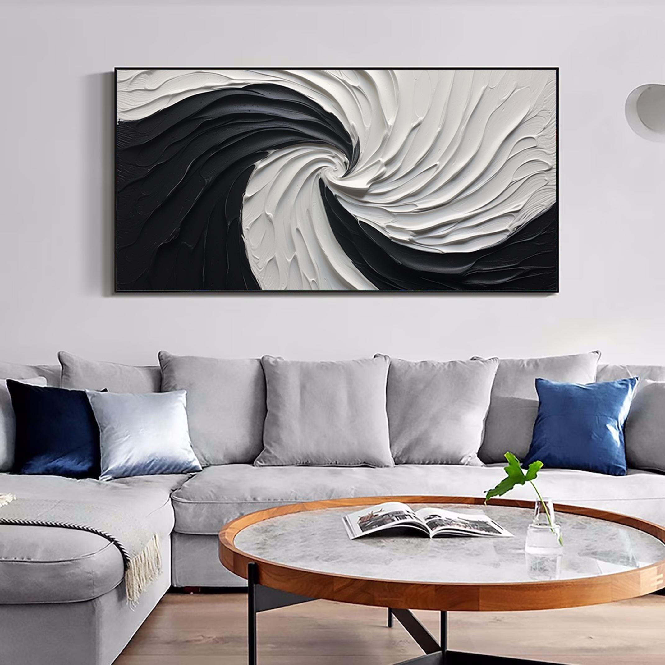 Black and white 3D wall art,large abstract seawaves painting,original modern minimalist painting,textured abstract wall art in huge sizes