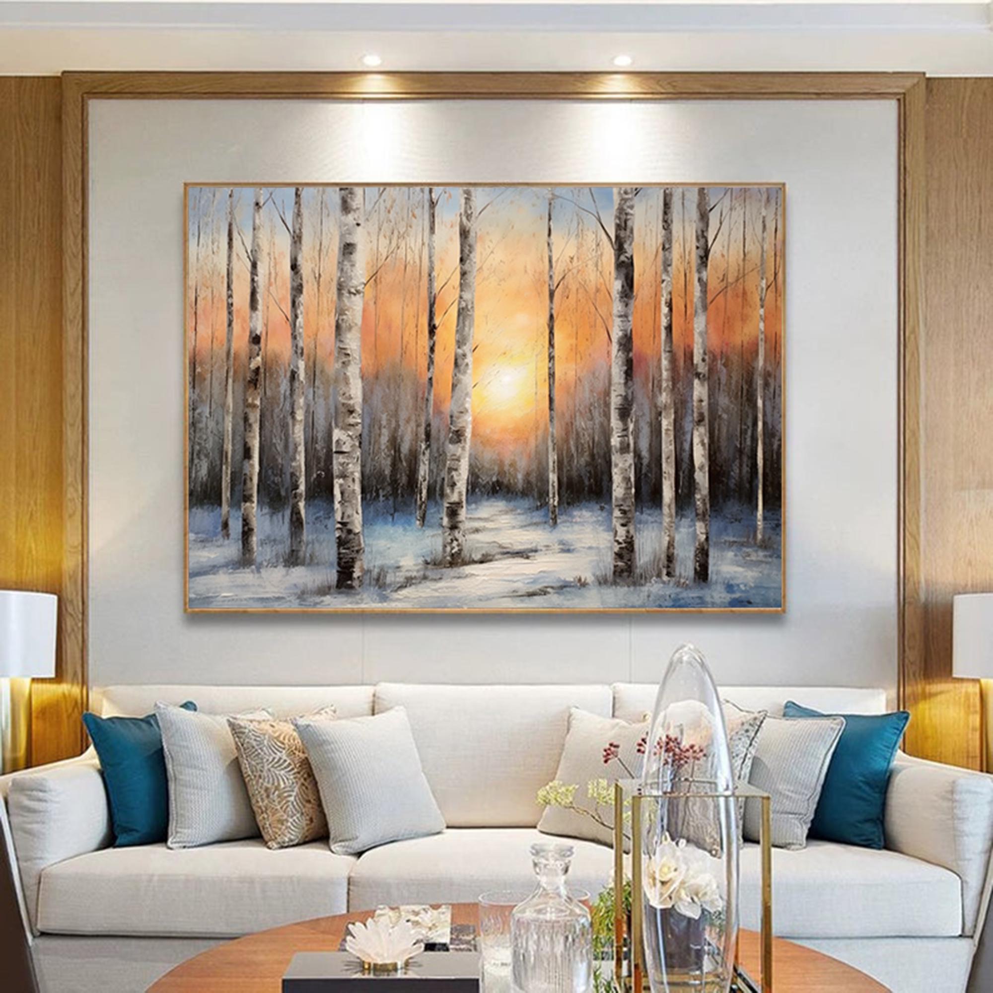 Birch trees textrued oil painting,Original Sunset in Forrest wall art,abstract landscape painting,Original painting,decorative painting