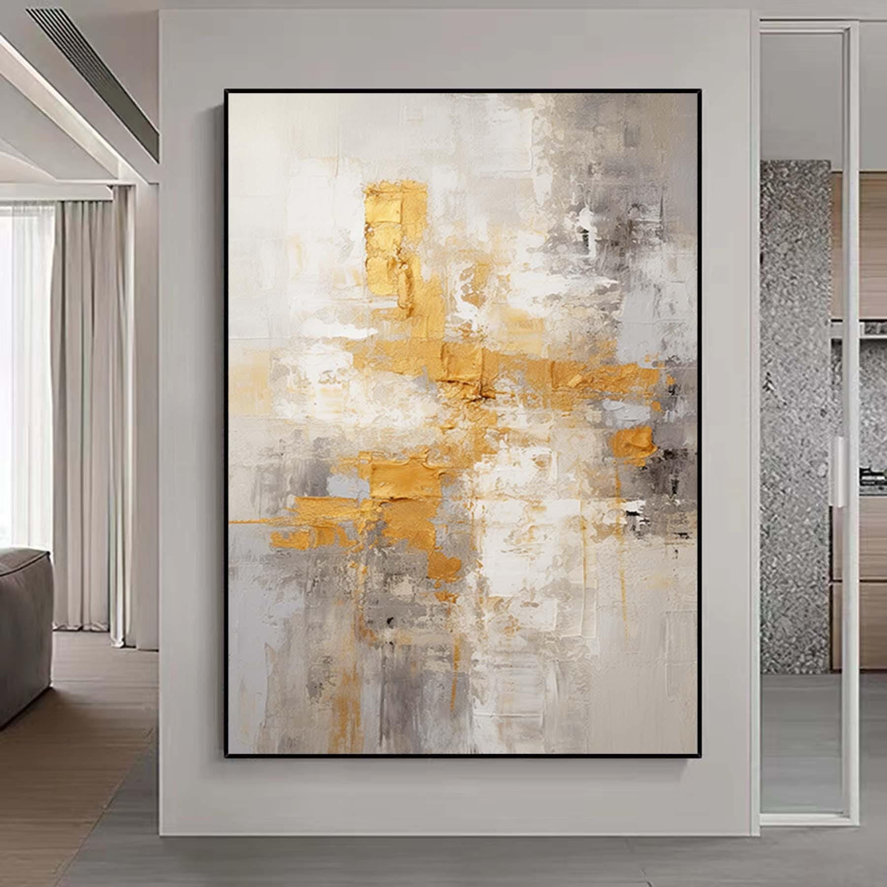 Palette Knife Abstract Wall Art,Large Minimalist Gray Gold Wall Art,Textured Paintings,White Acrylic Paintings,Living room art