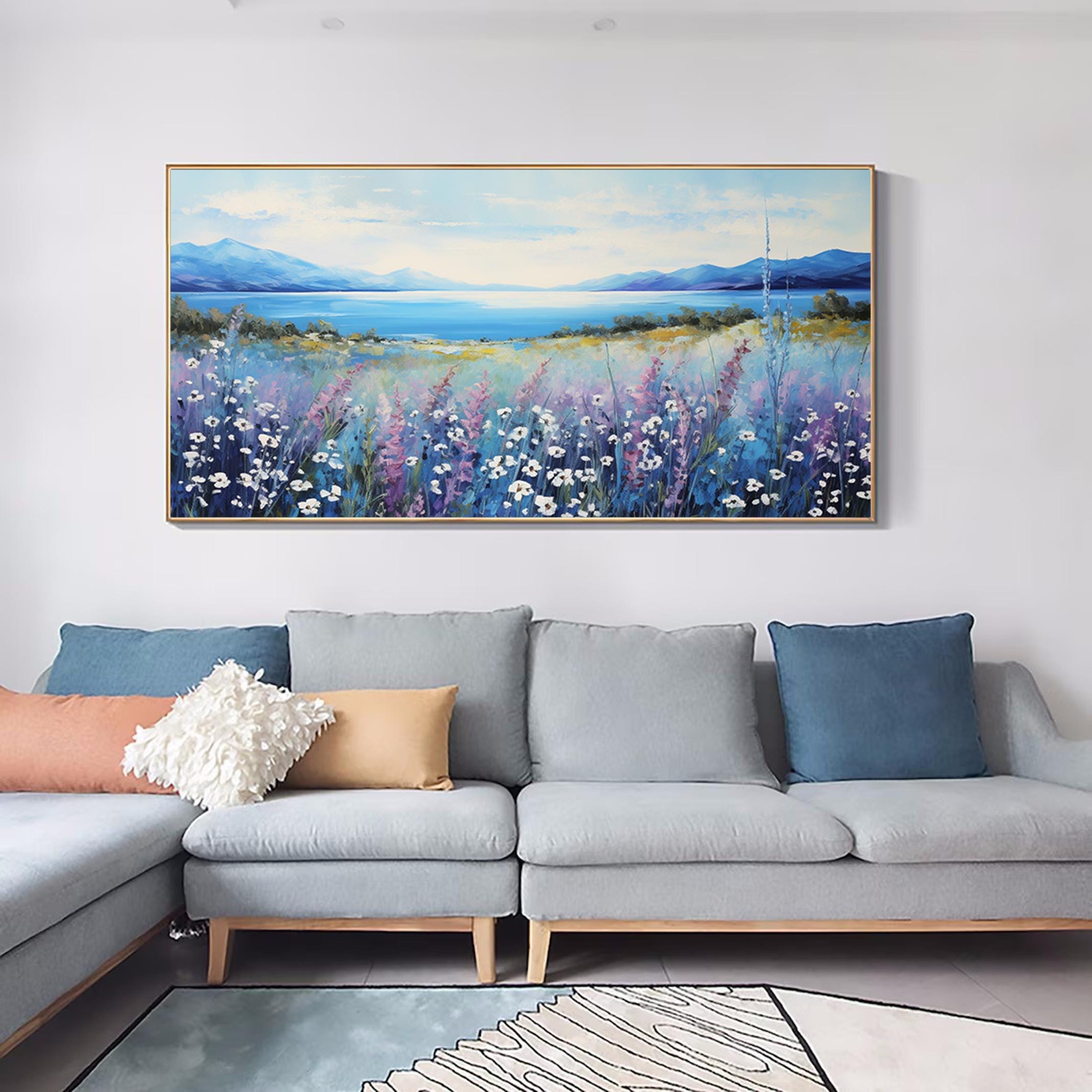 Extra large room landscape wall art abstract navy blue floral painting on canvas glass textured painting planet art acrylic painting
