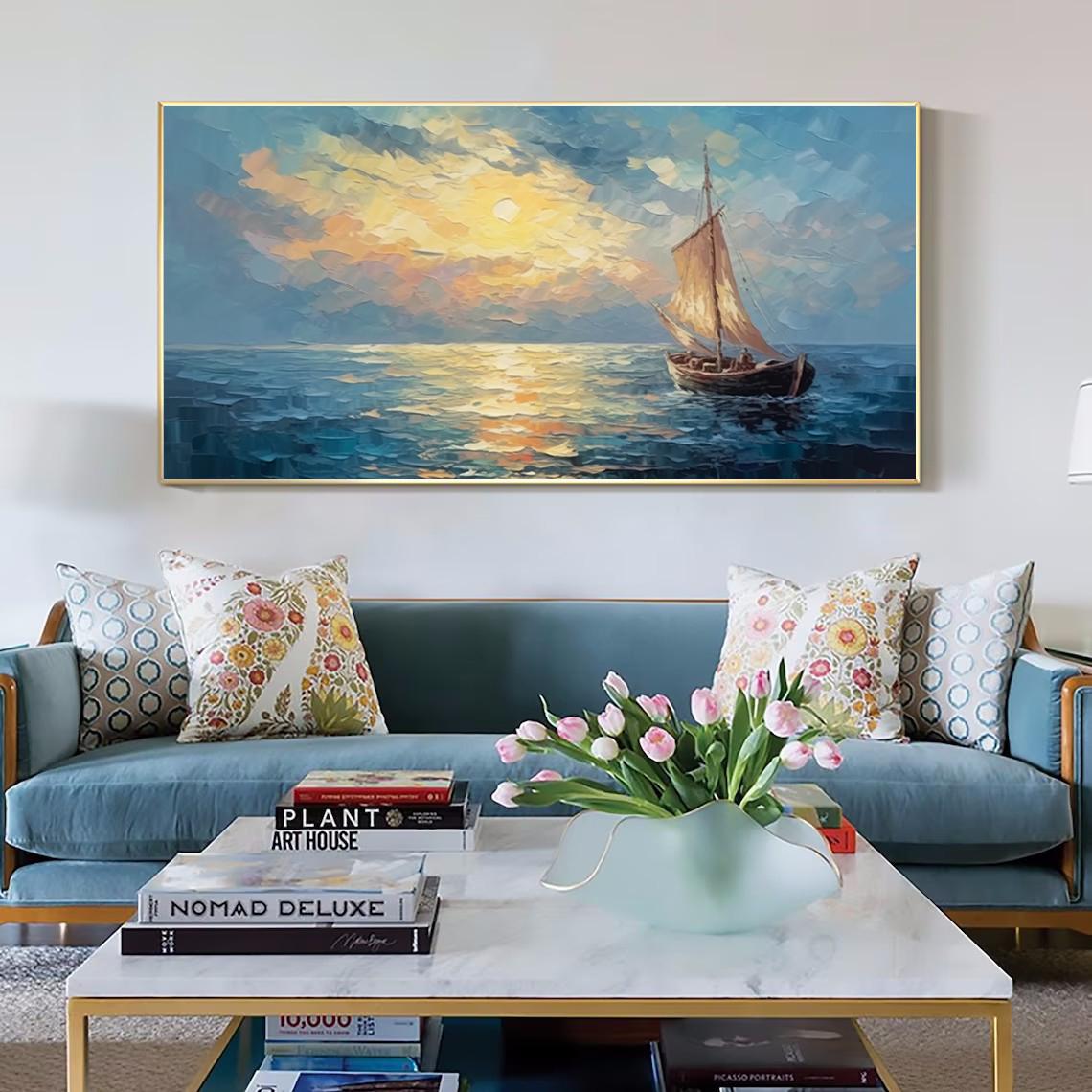 Abstract Boat on Sea Wall Art Minimalist Ocean Painting on Canvas Textured Art Seawaves Art Wabi-Sabi Wall Art Living Room Painting