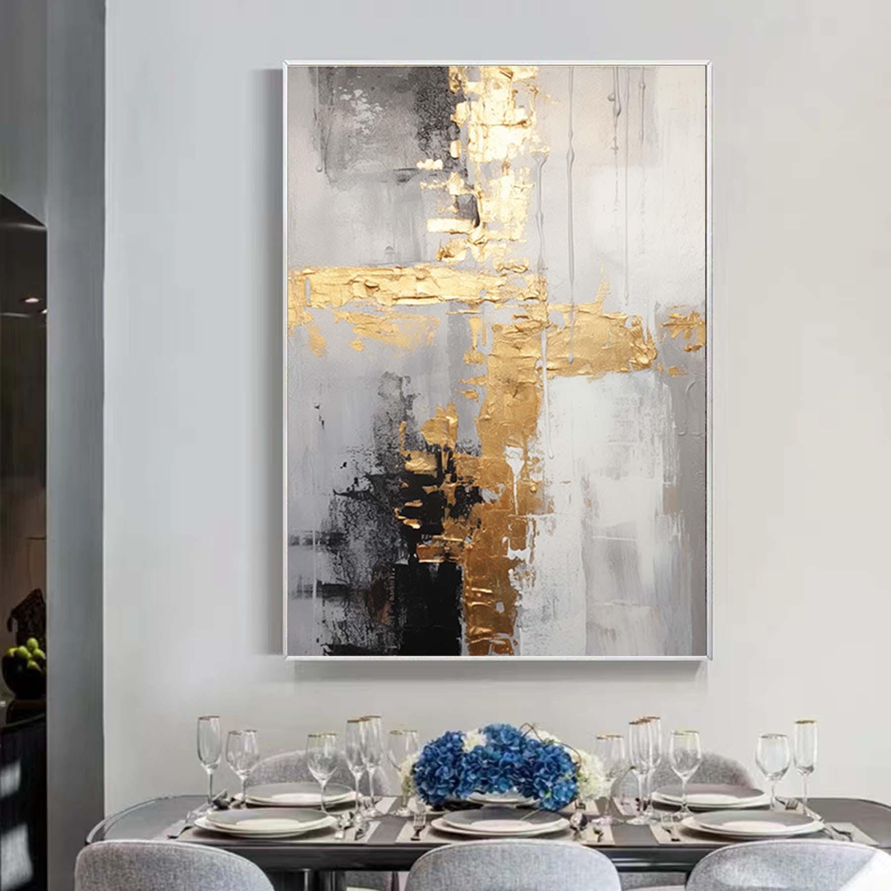 Palette Knife Abstract Wall Art,Large Minimalist Gray Gold Wall Art,Textured Paintings,White Acrylic Paintings,Living room art