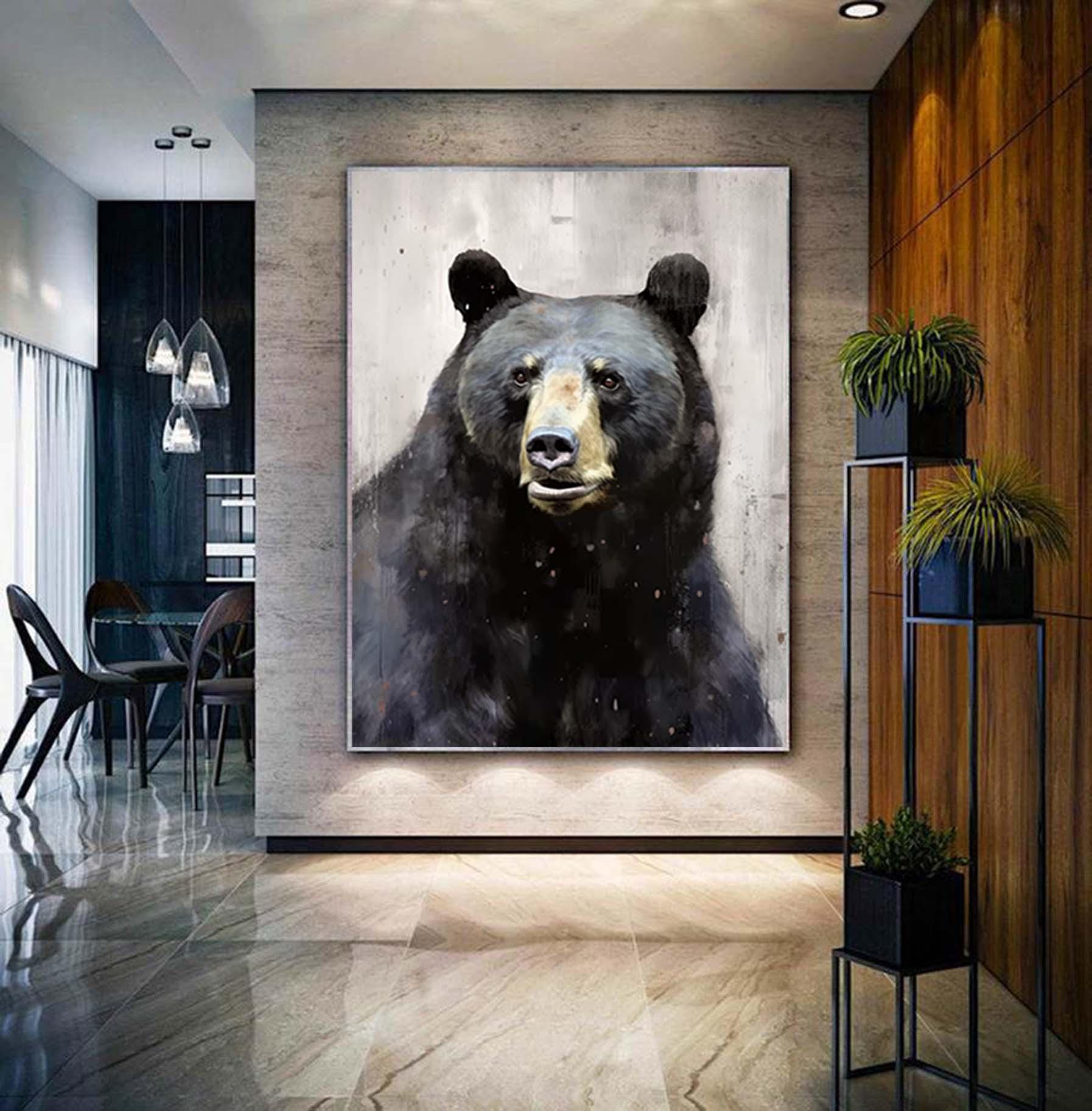 Large Abstract Black Bear Canvas Wall Art,Original Hand-painted Wild Animal Painting on Canvas, Modern Bear Painting for Living Room Bedroom
