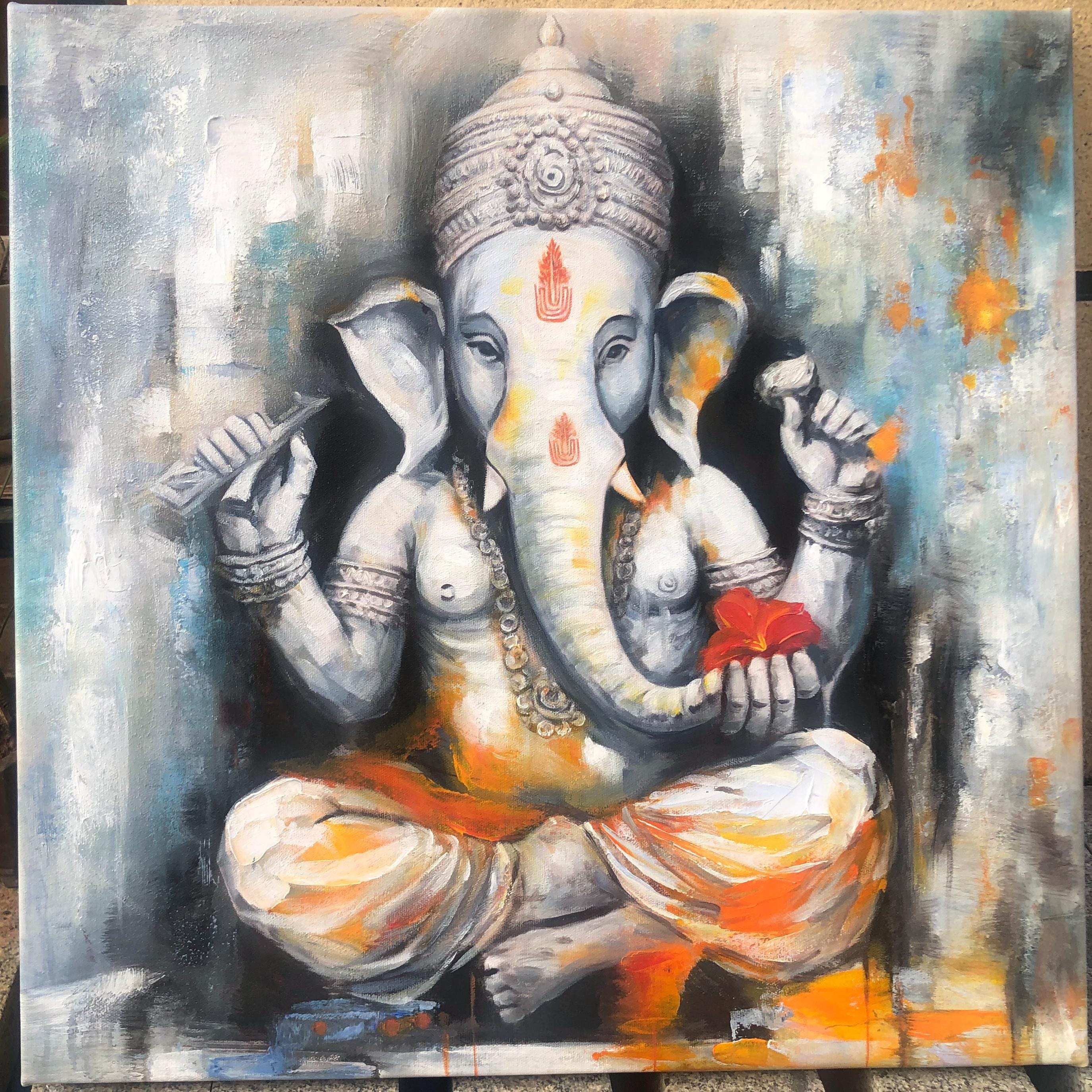 Ganesha Art Painting Extra Large Wall Art Abstract Gray Wall Art Canvas Art Original Artwork Canvas Wall Painting For Living Room