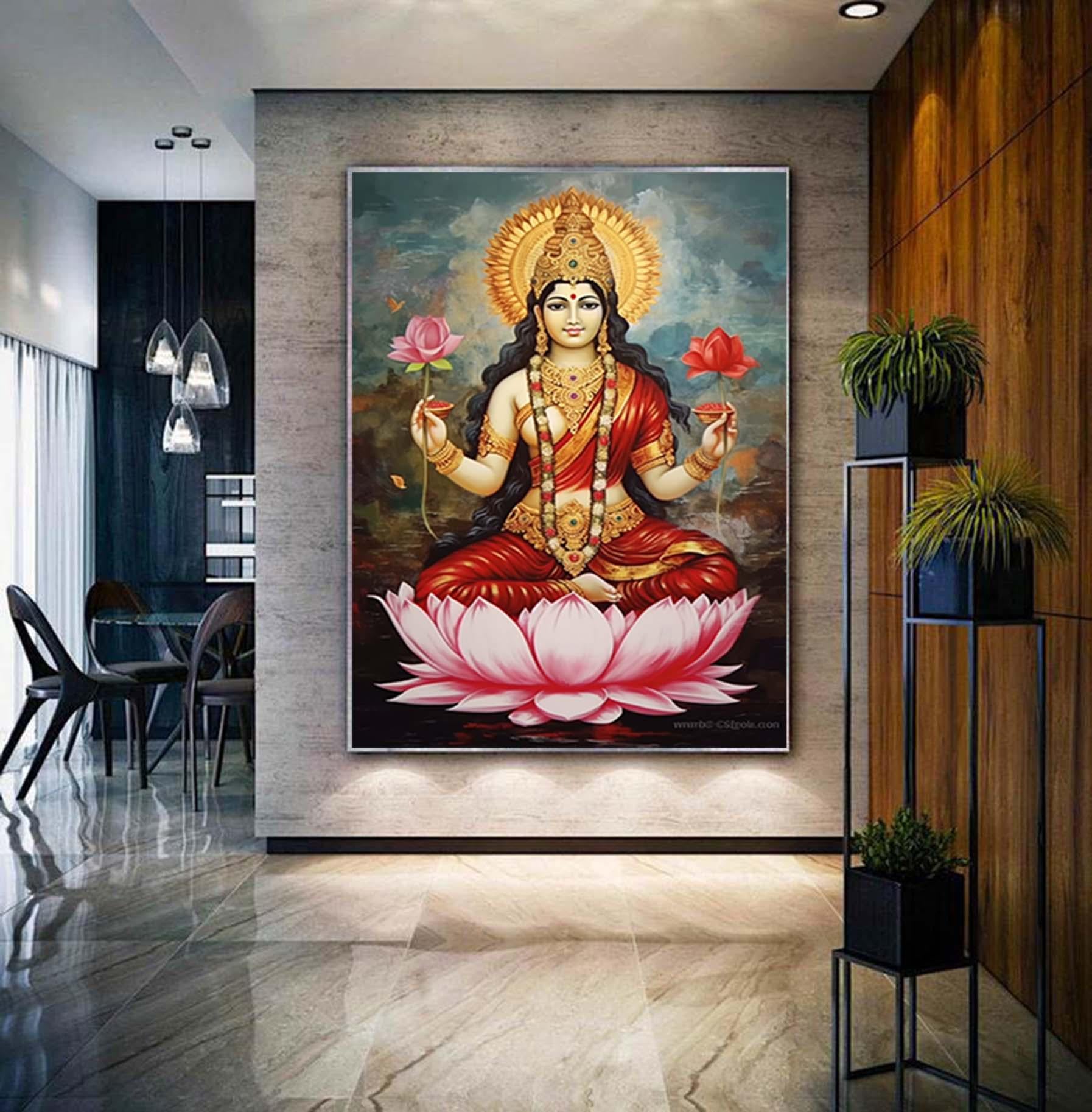 Original abstract Lakshmi painting,Goddess Of Wealth And Prosperity textured wall art, oversized religious painting,living room canvas art