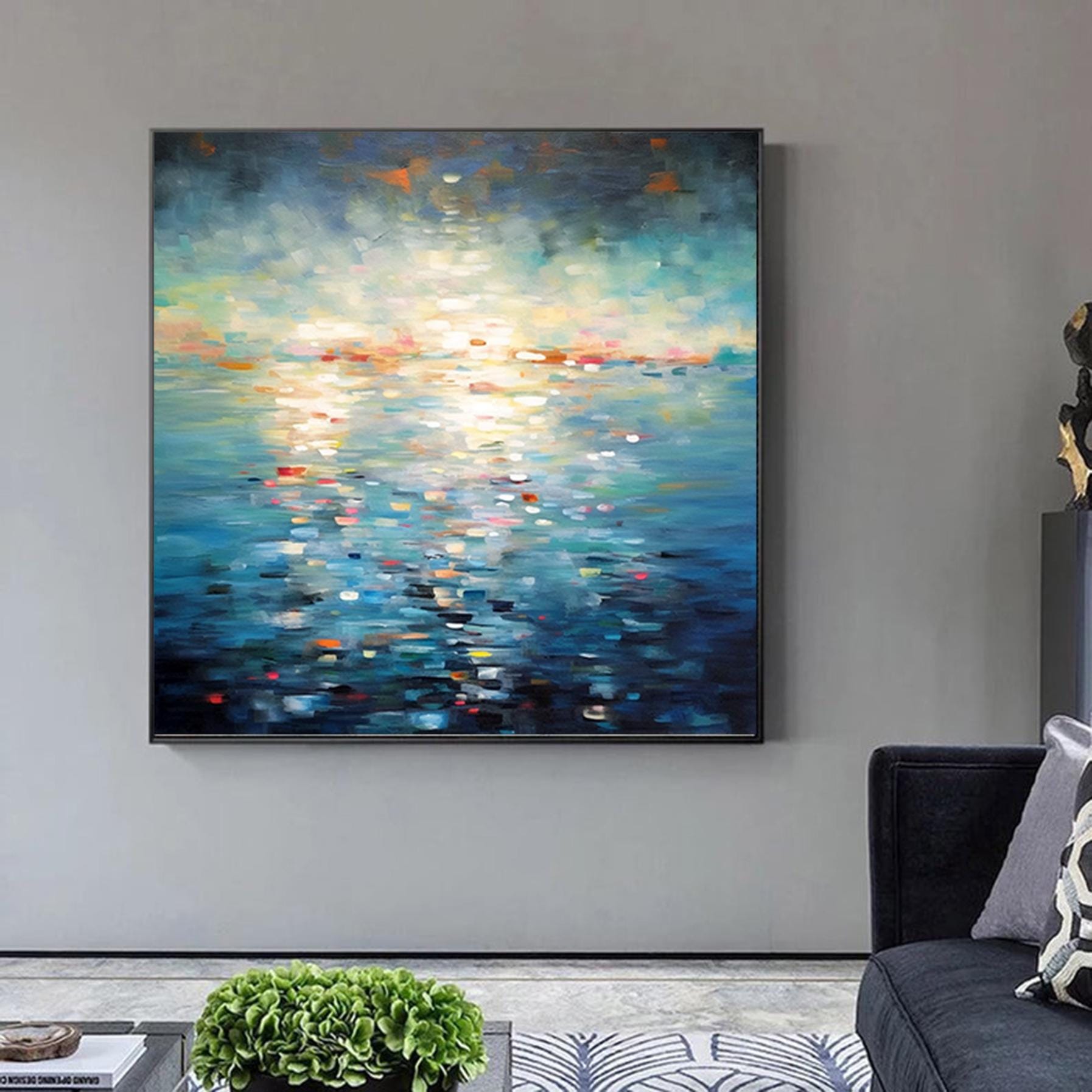 Hand painted abstract textured ocean in night wall art,large blue gold water Paintings,minimalist seascape ocean art,decorative Painting